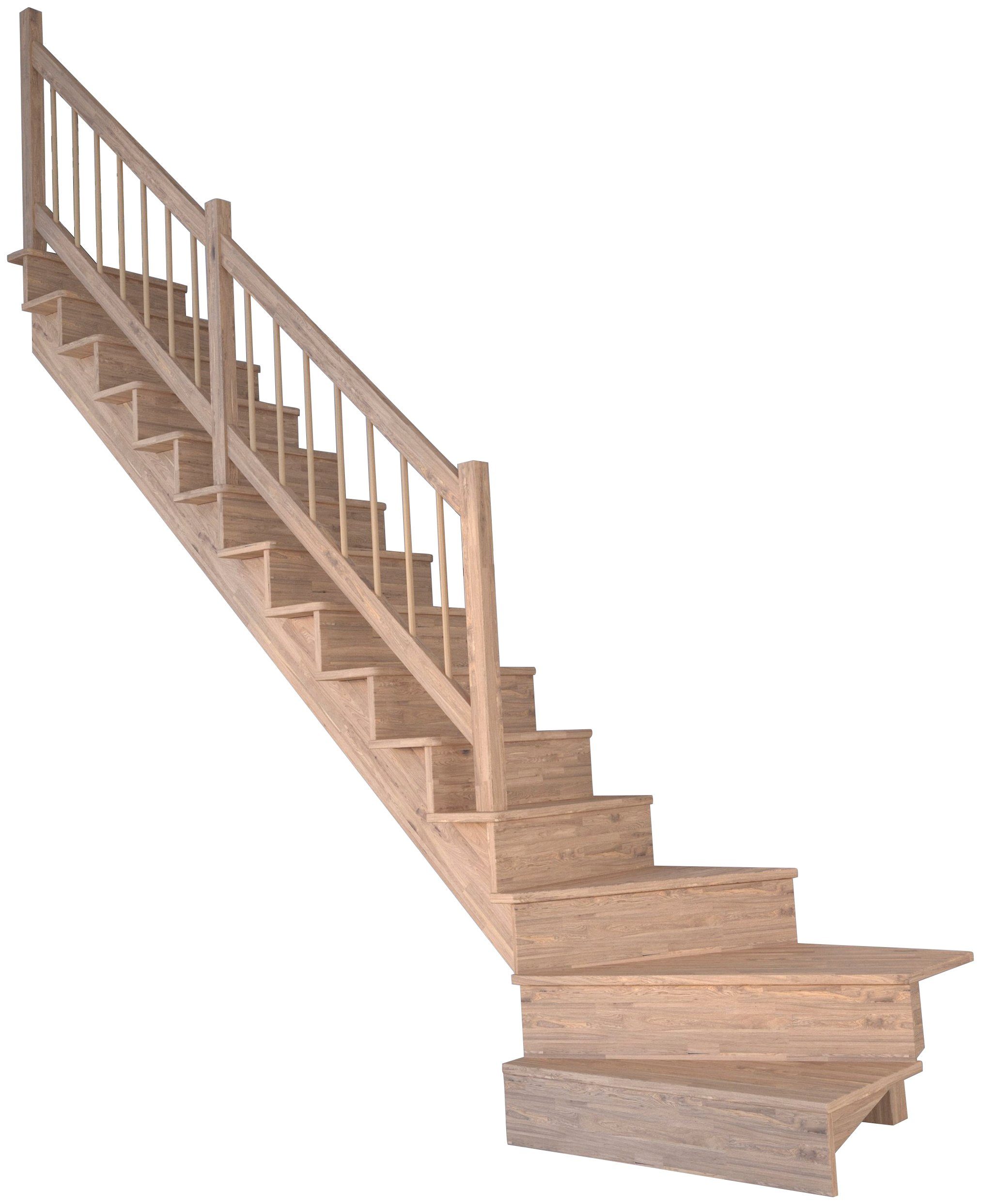 Starwood Systemtreppe Massivholz Lindos, Holz-Holz Design Geländer, für Geschosshöhen bis 300 cm, Stufen geschlossen, gewendelt Links, Durchgehende Wangenteile