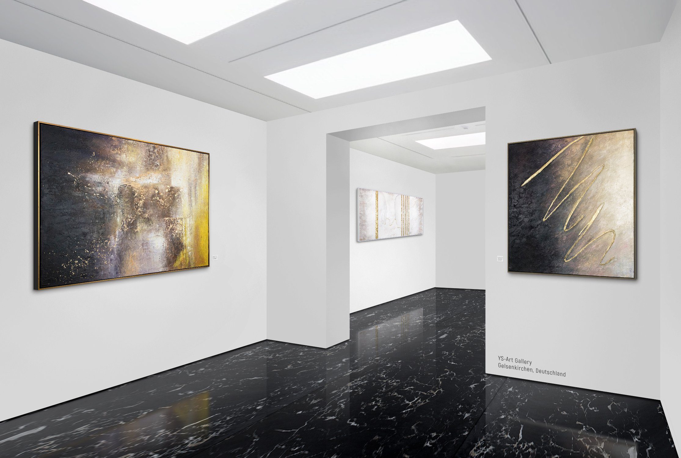 Goldener Marmor, Gemälde YS-Art Leinwand Rahmen auf Handgemalt Weiß Bild Strukturiertes mit Abstrakt