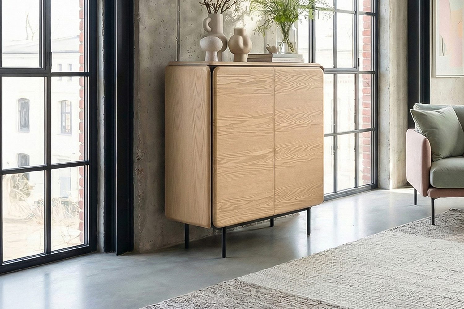 KAWOLA Highboard AVRIL moderne Kommode, viel Stauraum, 2 Türen Eiche braun, Einlegeböden verstellbar