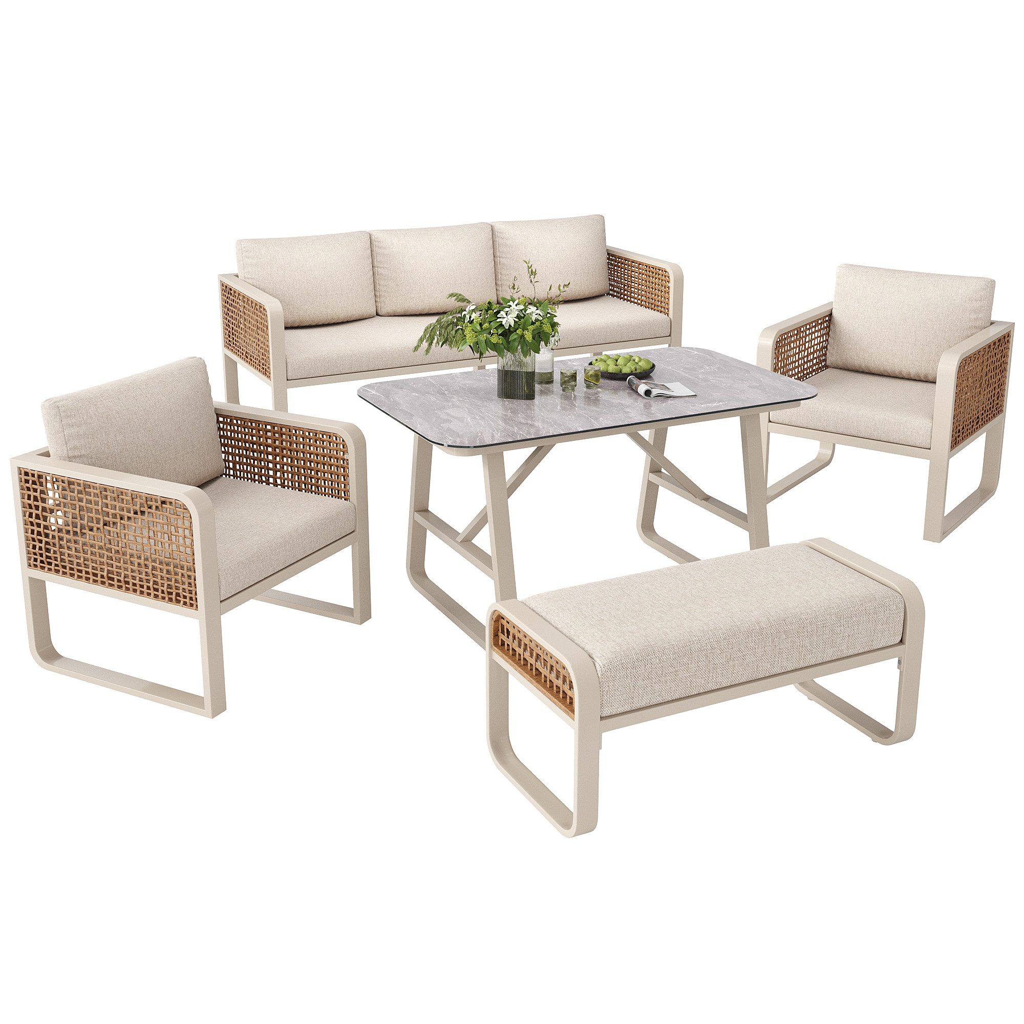 REDOM Gartenlounge-Set Modernes Gartenmöbelset,mit verzinktem Eisengestell, (mit flexiblen Design Beige, 5-tlg), mit Relaxfunktion