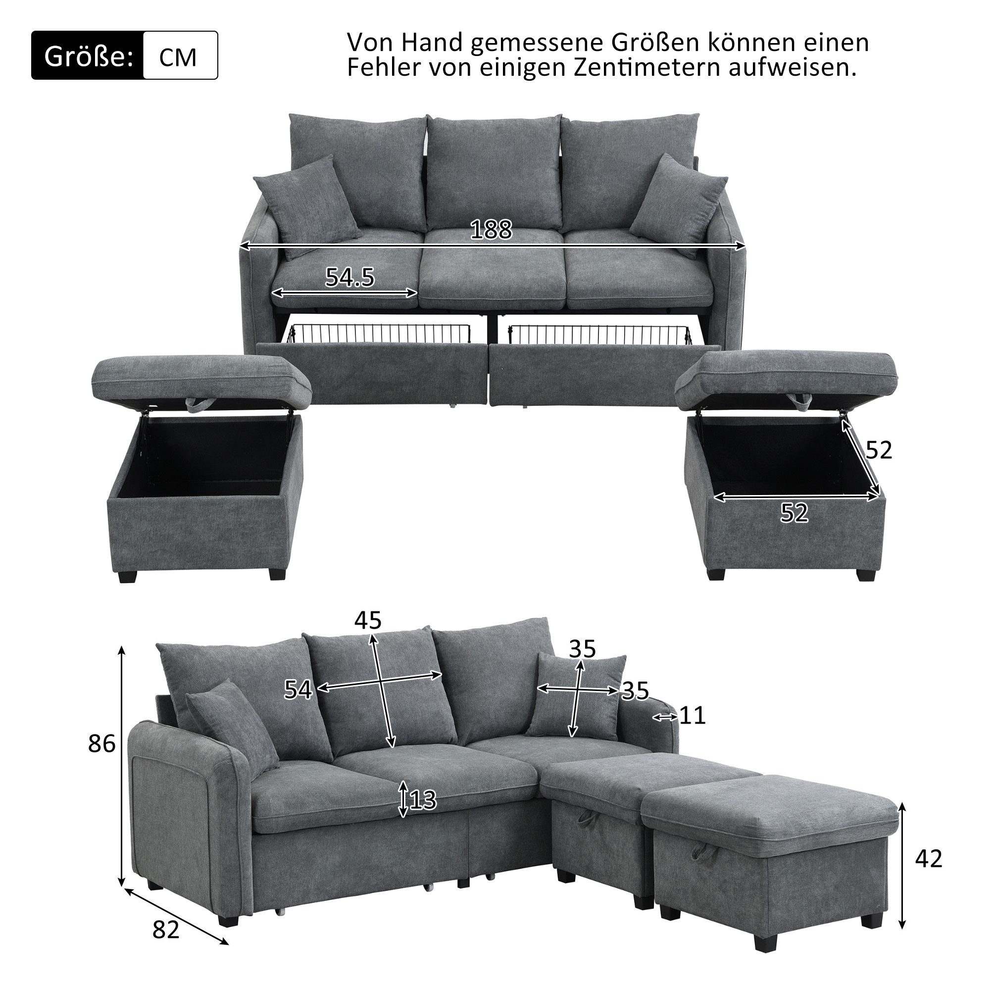 Ulife Sofa Multifunktionale Ecksofa U-Form-Dreisitzer Polster-Sofa,Wohnzimm günstig online kaufen