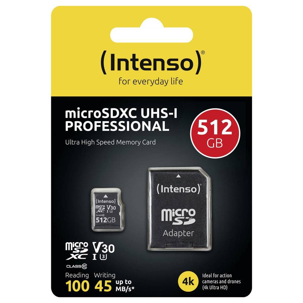 Intenso Professional miniSDXC-Karte Retail 512 GB Class 10, UHS-I U3, v30 Speicherkarte (Wasserfest, Temperaturbeständig)
