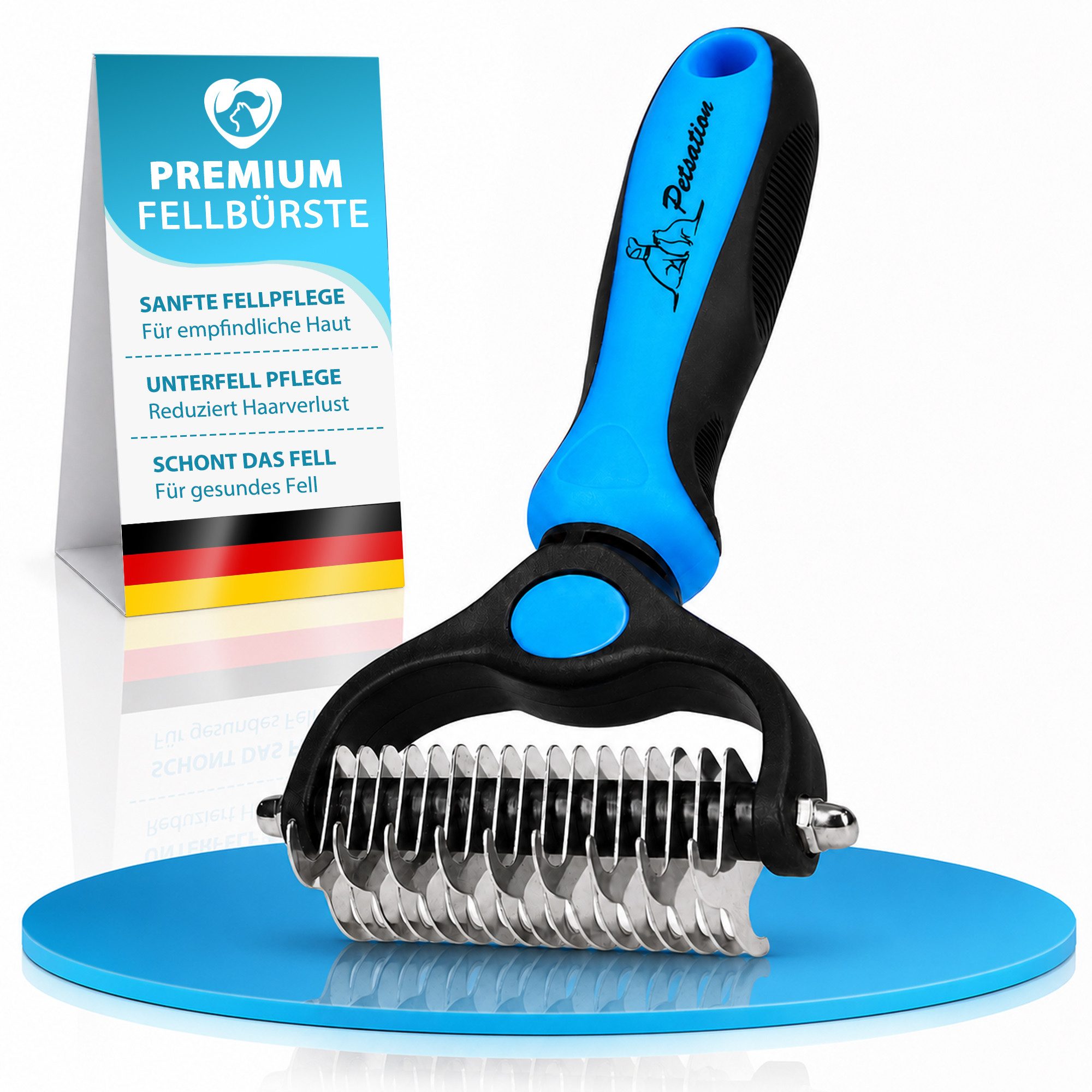 Petsation Fellbürste Unterwollbürste für Hunde & Katzen Fellpflegebürste, Entfilzungsbürste, Edelstahl, Abgerundete Edelstahlzinken, Anti-Rutsch-Griff, Massageeffekt