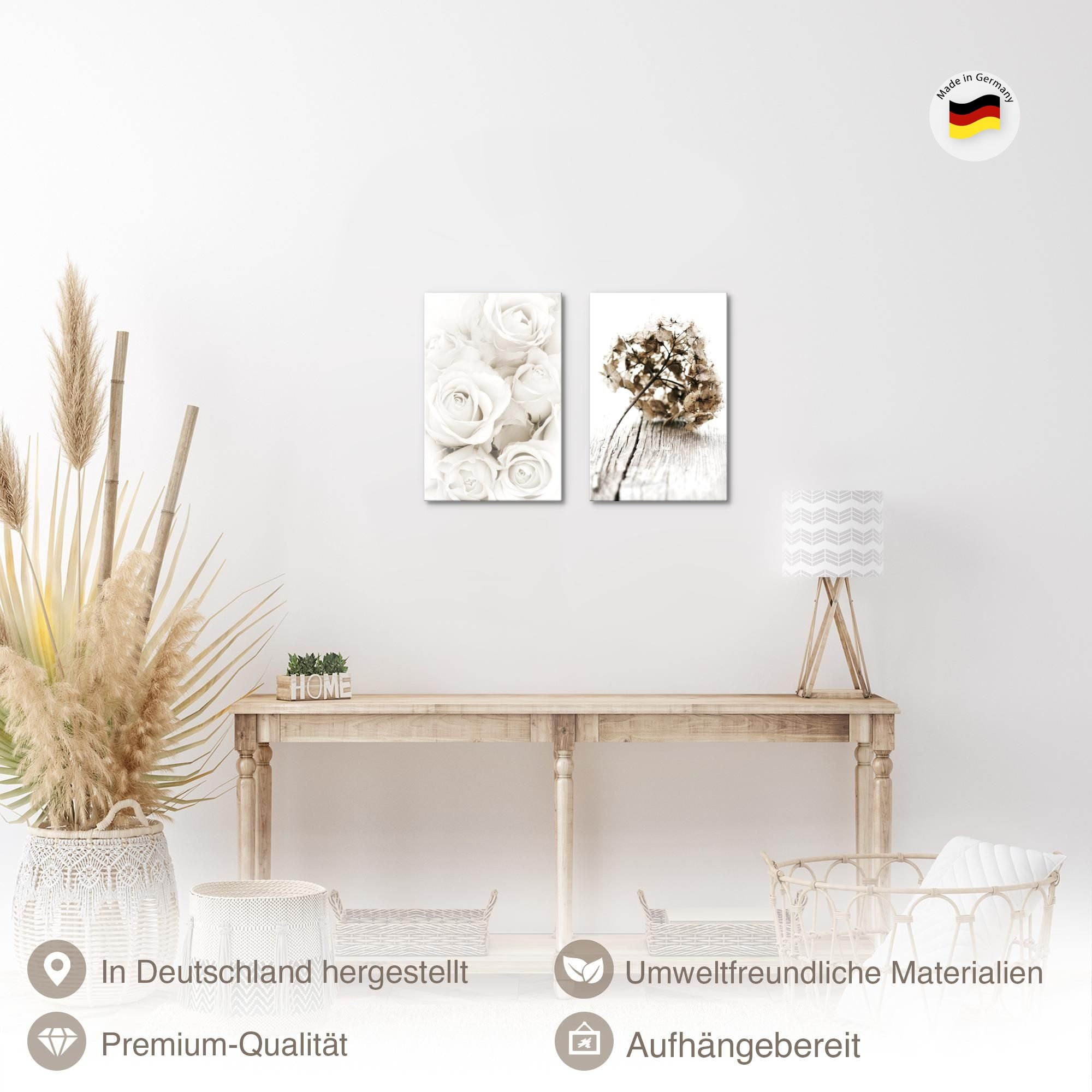 Novart Wandbild Blumen 2 Teilig für Schlafzimmer Büro 2 Bilder Weiß Rosen N023120a, 20 x 30 cm - 2 Bilder mit Rahmen