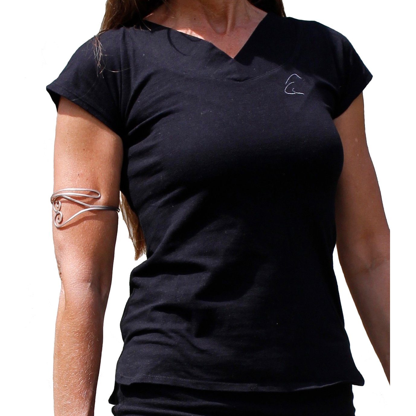 ESPARTO Yogashirt Yoga V-Shirt Ärmeln, kurzen V-Shirt Bio-Baumwolle Schwarz unten Farishta mit geschlitzt in