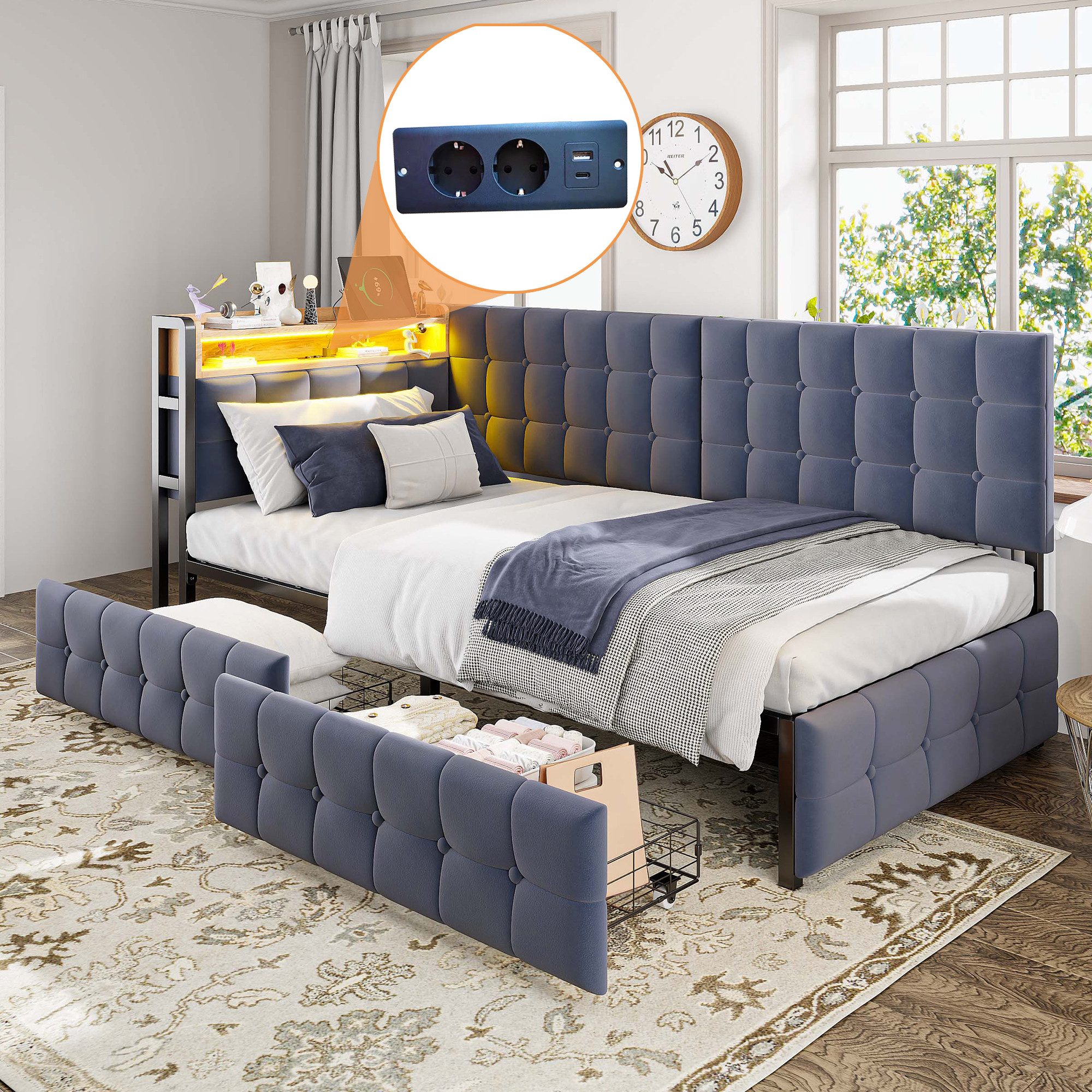 Merax Daybett (Einzelbett Jugendbett Tagesbett Kinderbett Samt, 1 tlg), Polsterbett Schlafsofa 90x200cm mit LED, 2 Schubladen, USB & Typ-C – Bild 5 von 5