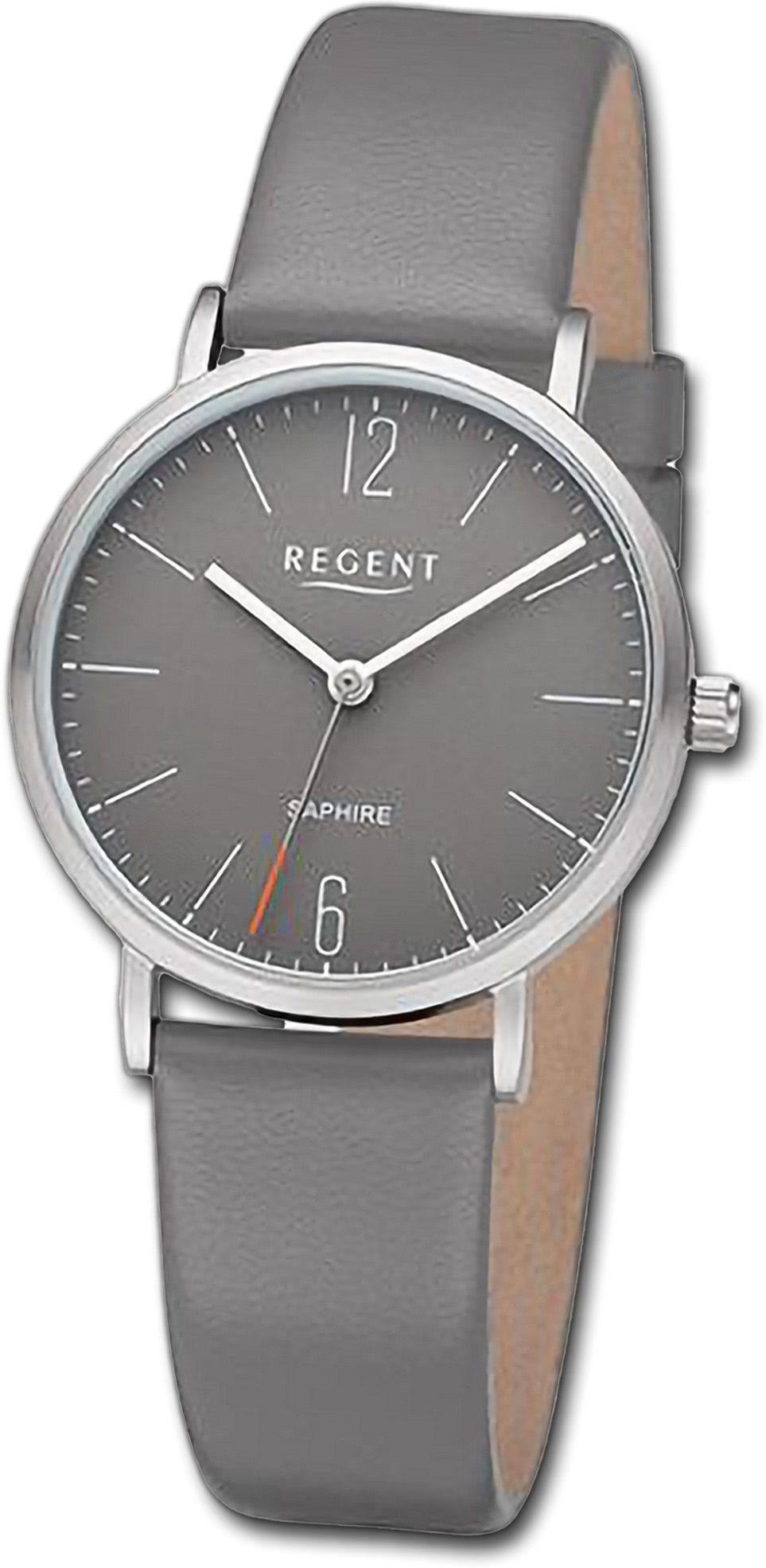 Regent Quarzuhr Regent Damen Armbanduhr Analog, Damenuhr Lederarmband grau, rundes Gehäuse, extra groß (ca. 32mm)