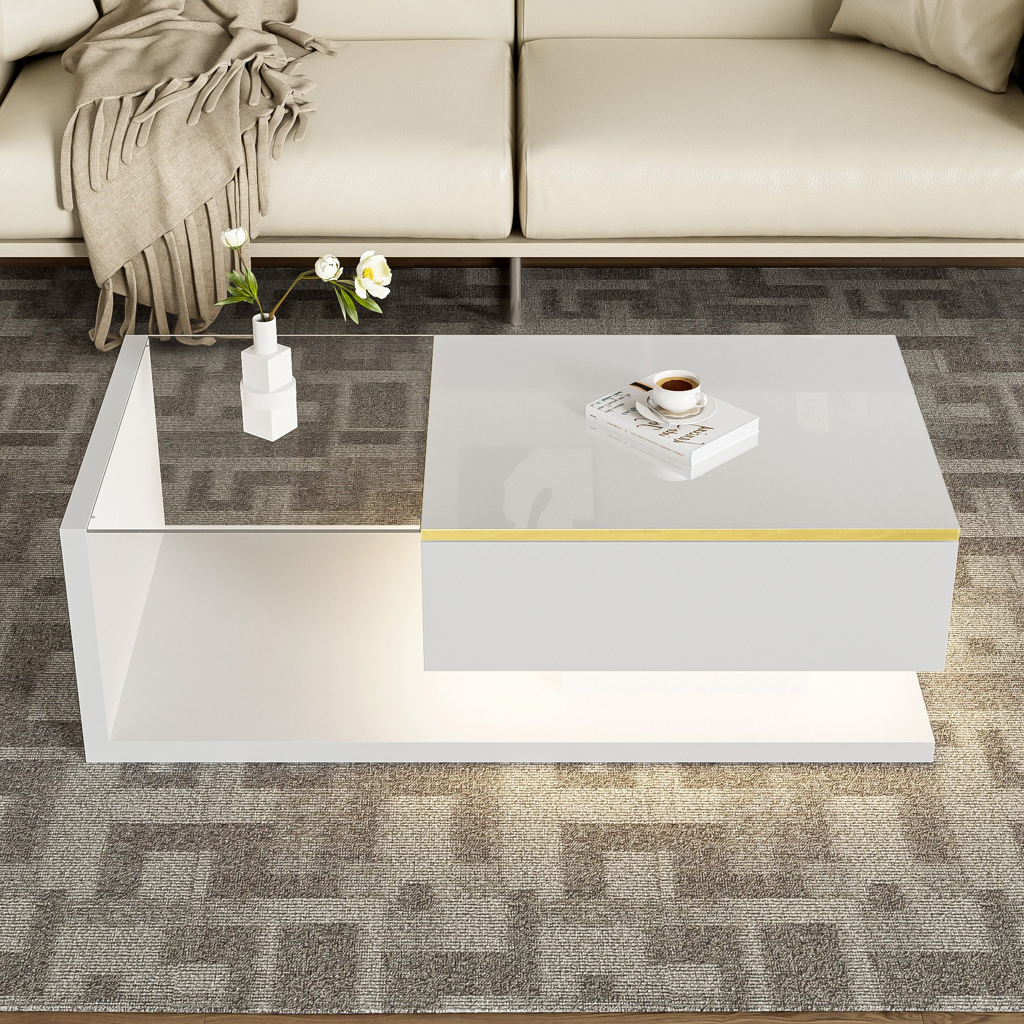 Merax Couchtisch hochglanz Beistelltisch mit Stauraum und Glastischplatte (100x50x32,5cm), Wohnzimmertisch mit Bluetooth, Sofatisch Kaffeetisch mit LED – Bild 4 von 5