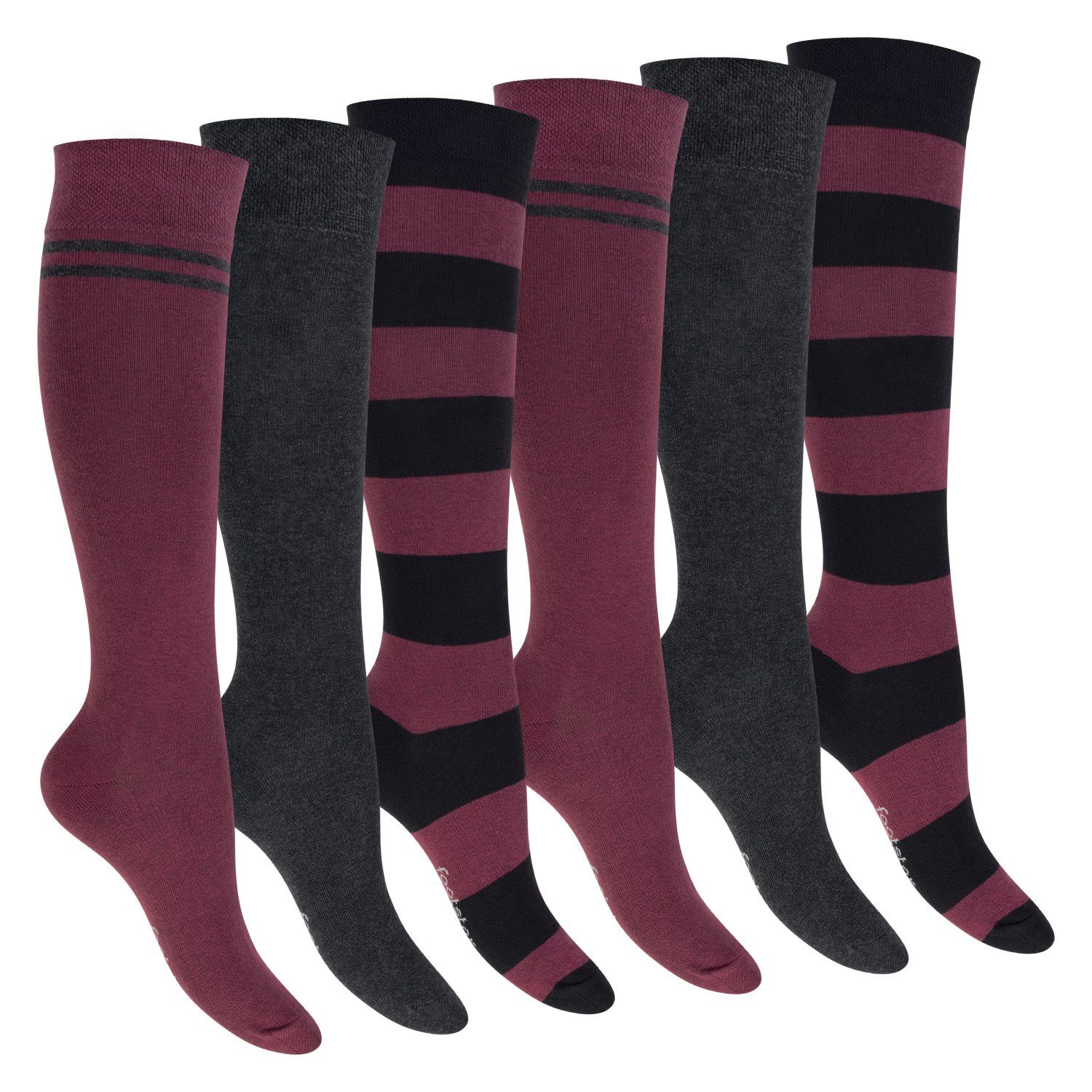 Footstar Langsocken Damen Kniestrümpfe geringelt (6 Paar) Bordeaux