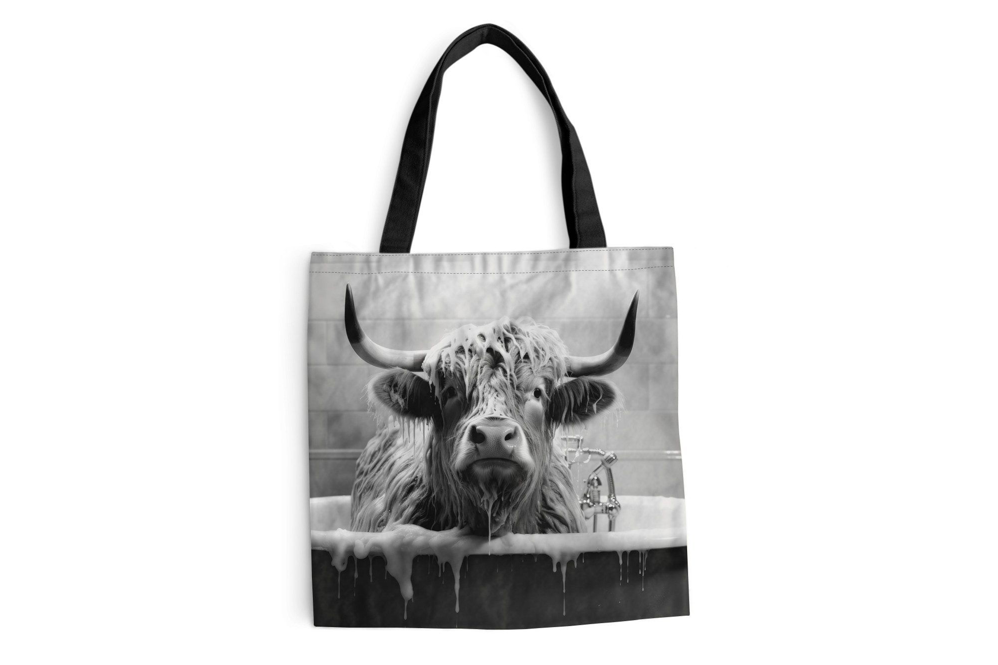 MuchoWow Shopper Schottischer Highlander - Schwarz und Weiß - Bad - Schaumstoff, Handtasche, Damen und Herren, Schultertasche, Umhängetasche, Tote Bag