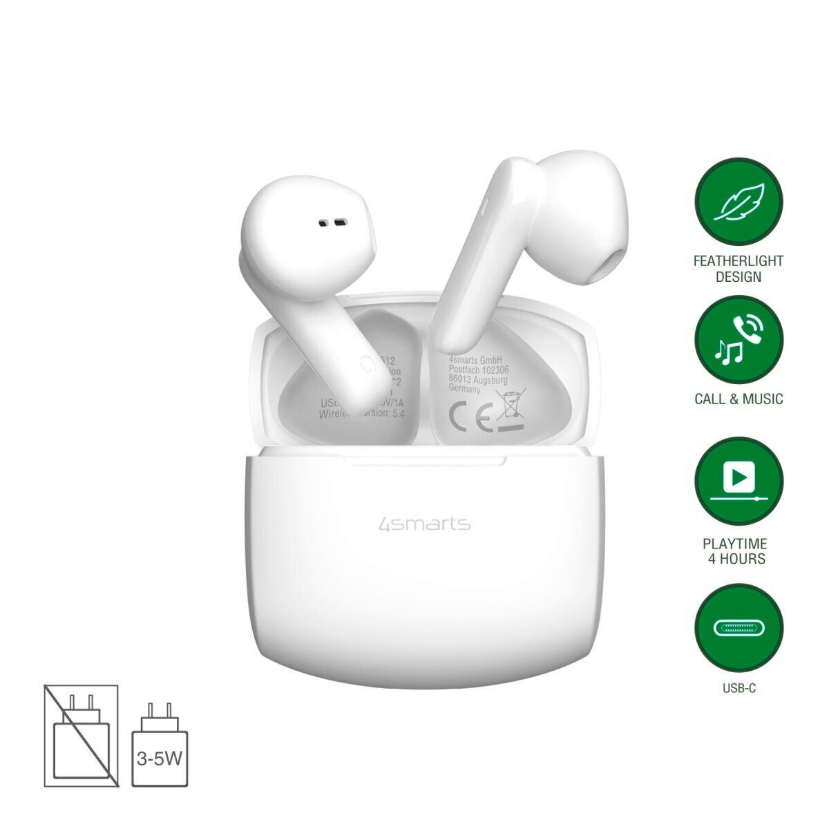 4smarts 4smarts Wireless Headset SkyBuds Air, weiß Induktions-Ladegerät