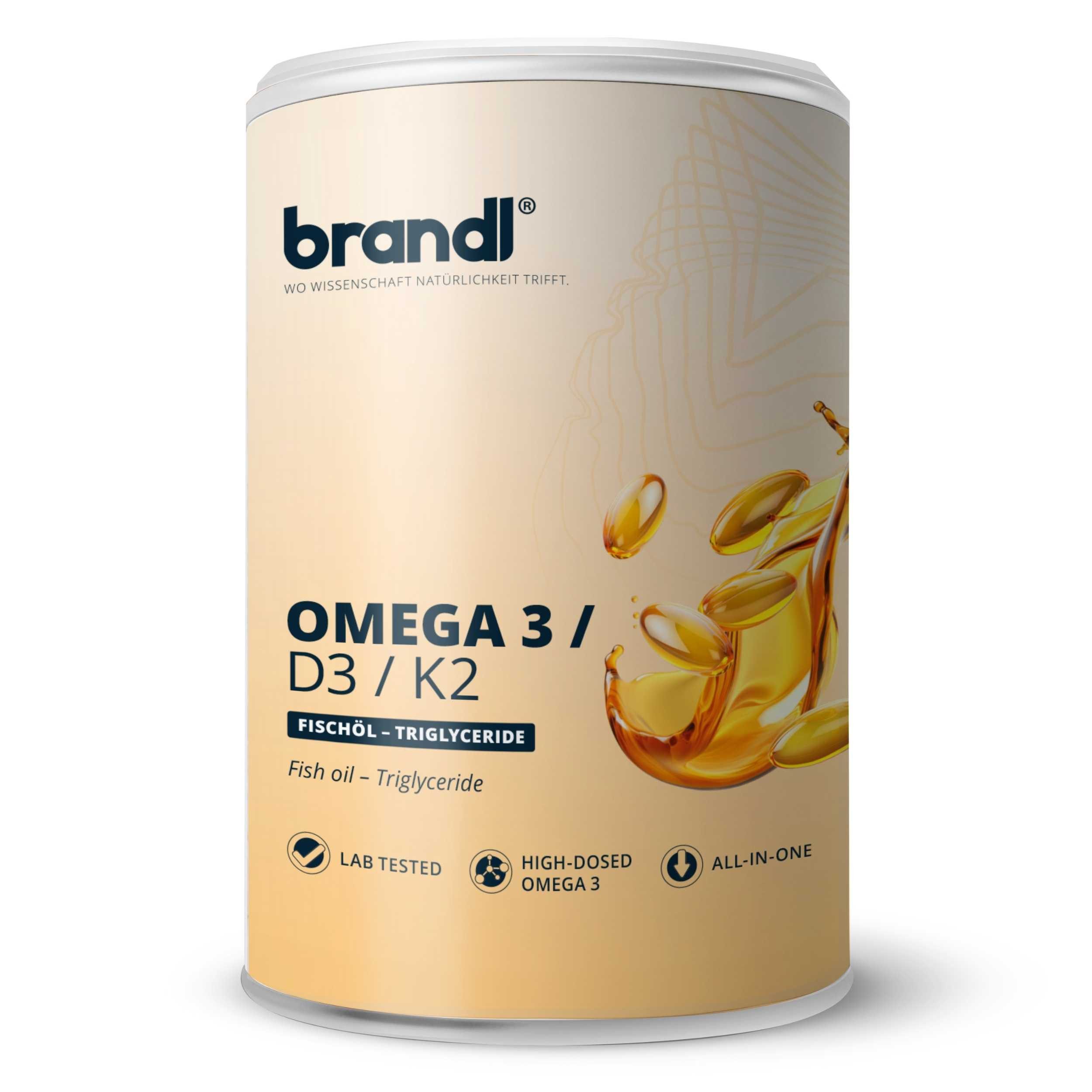 Brandl Nutrition Omega 3 D3 K2 aus Fischöl, EPA DHA im 2:1 Verhältnis Kapseln