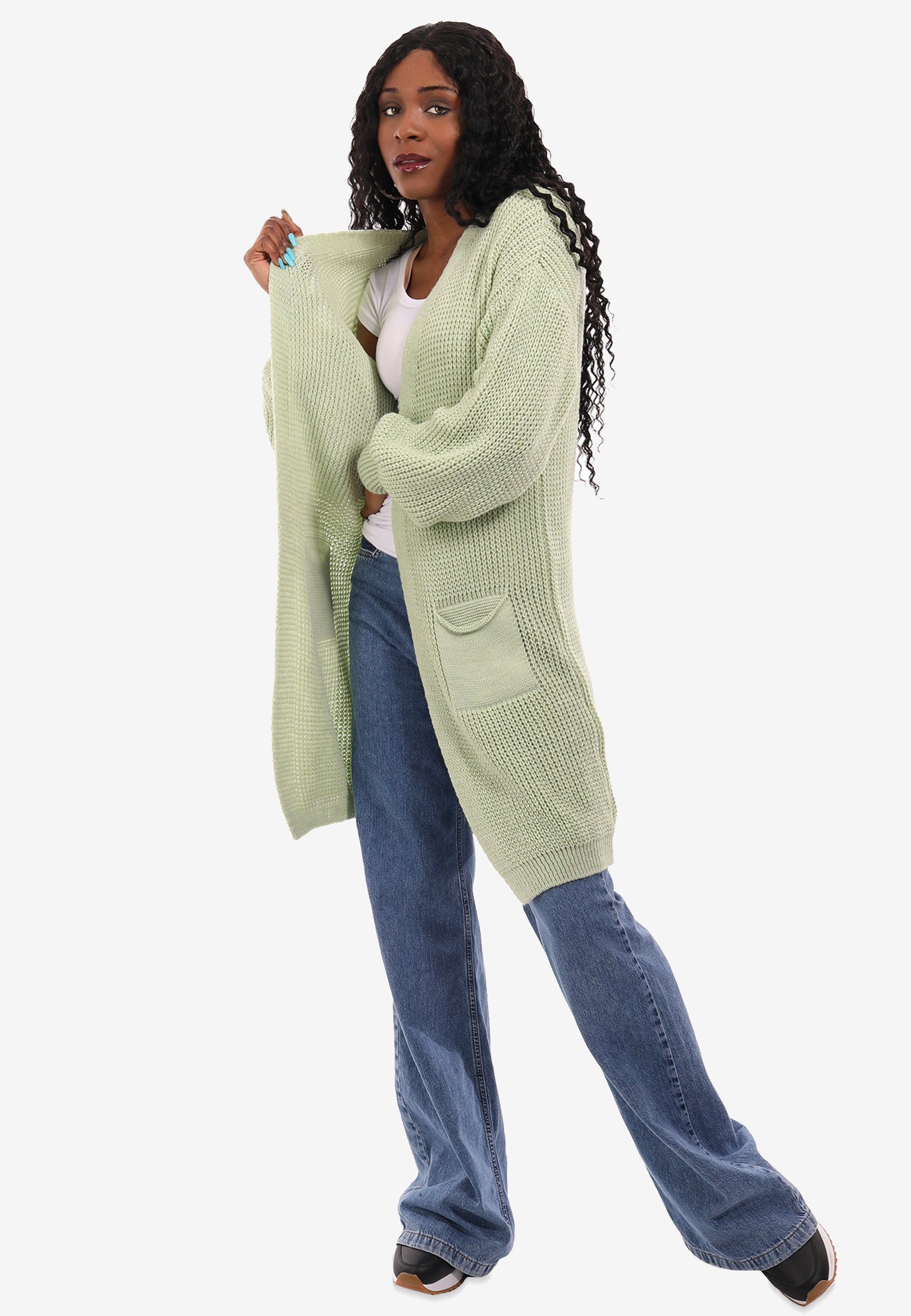 YC Fashion Taschen Strick-Cardigan Style mit mint mit & Unifarbe, Size Cardigan aufgesetzten Taschen One in