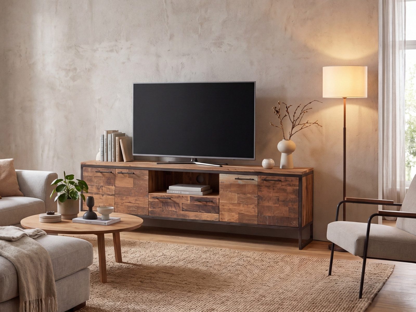 massivum Lowboard Bristol TV-Bank Massivholz Metall Fernsehbank (1 St)