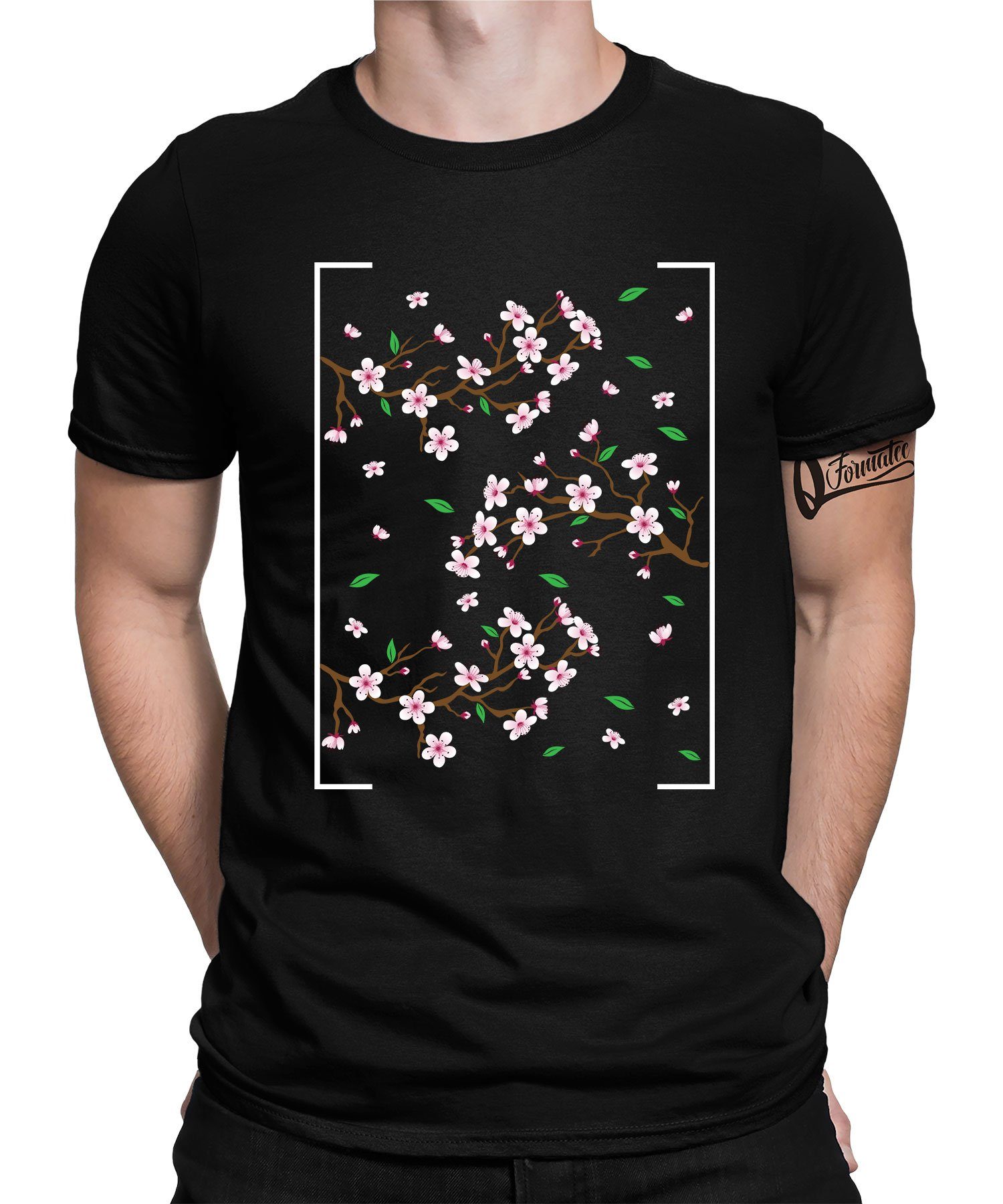 Formatee Herren (1-tlg) - Quattro Kirschblüte Kurzarmshirt Anime Blossom Schwarz T-Shirt Cherry Ästhetik