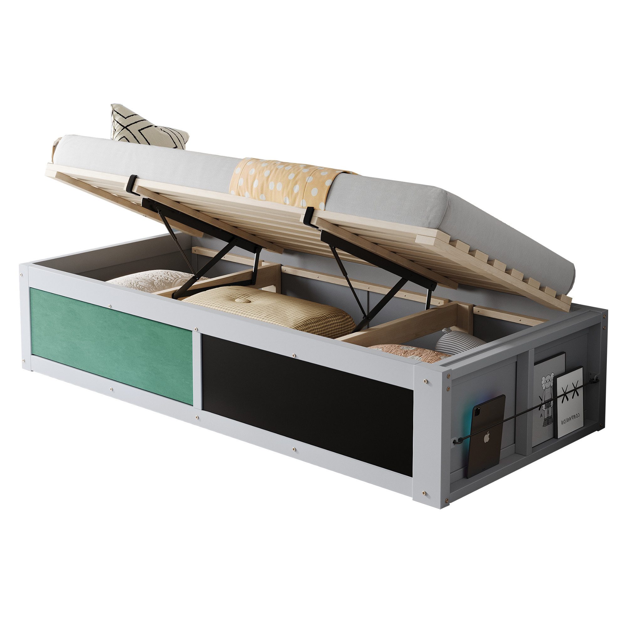 Merax Kinderbett 90×200cm mit hydraulischem Stauraum (1-tlg), Einzelbett mit Kreativtafel und Bücherregal, Jugendbett in Weiß/Grau – Bild 3 von 5