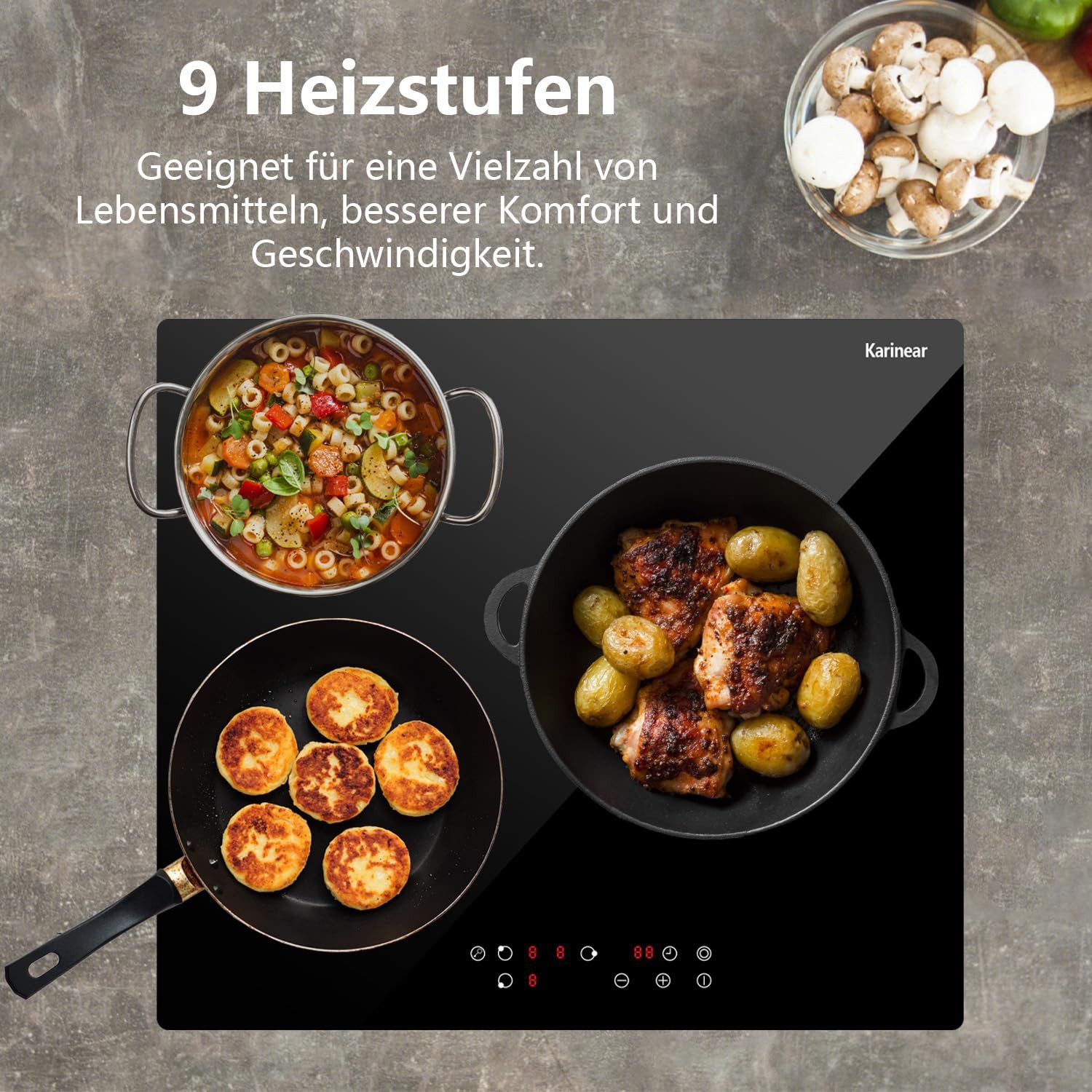 NOXTON Elektro-Kochfeld Autarkes Glaskeramik-Kochfeld 60 cm, Glaskeramikkochfeld 3 Platten, 5200W