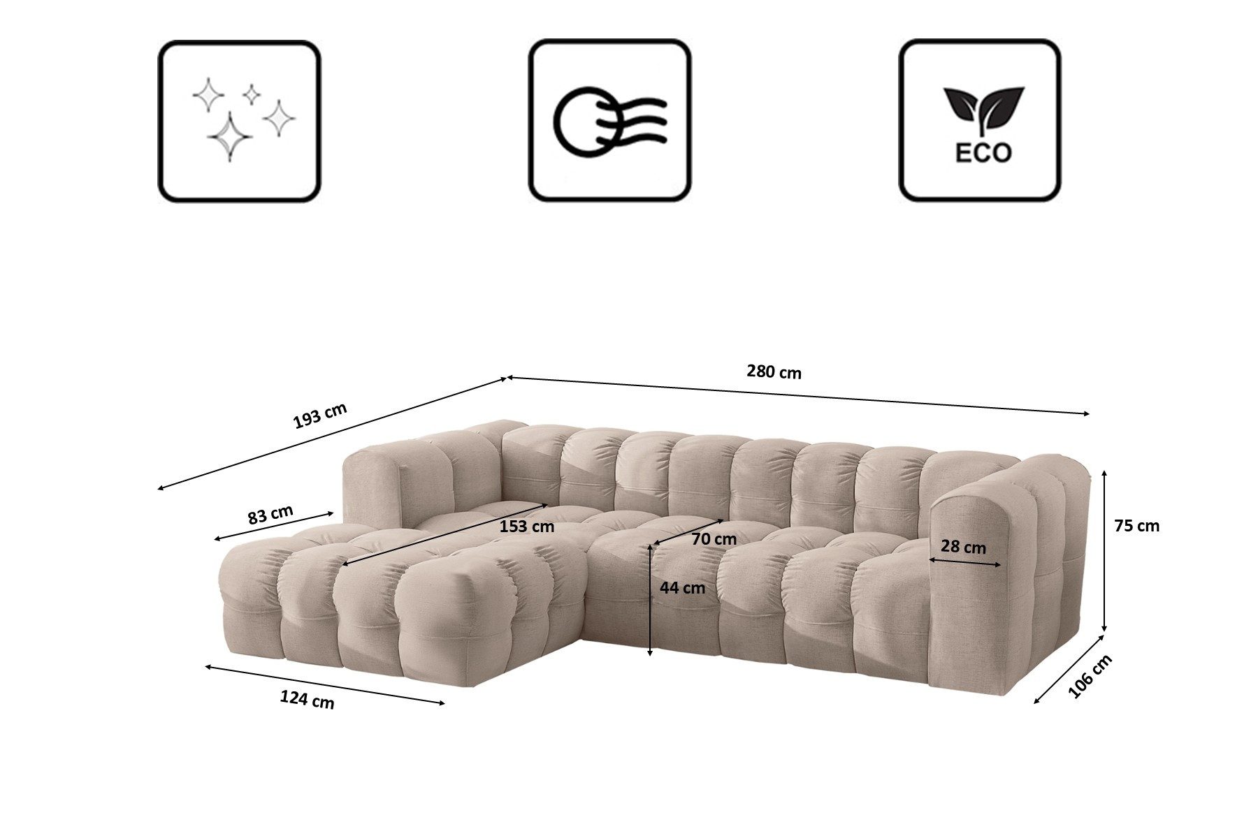 Kaiser Möbel Ecksofa BALOO L modernes freistehendes, für das Wohnzimmer, stoff Moly, Einzelsofa, freistehend platzierbar,hoher Sitzkomfort,massive Form