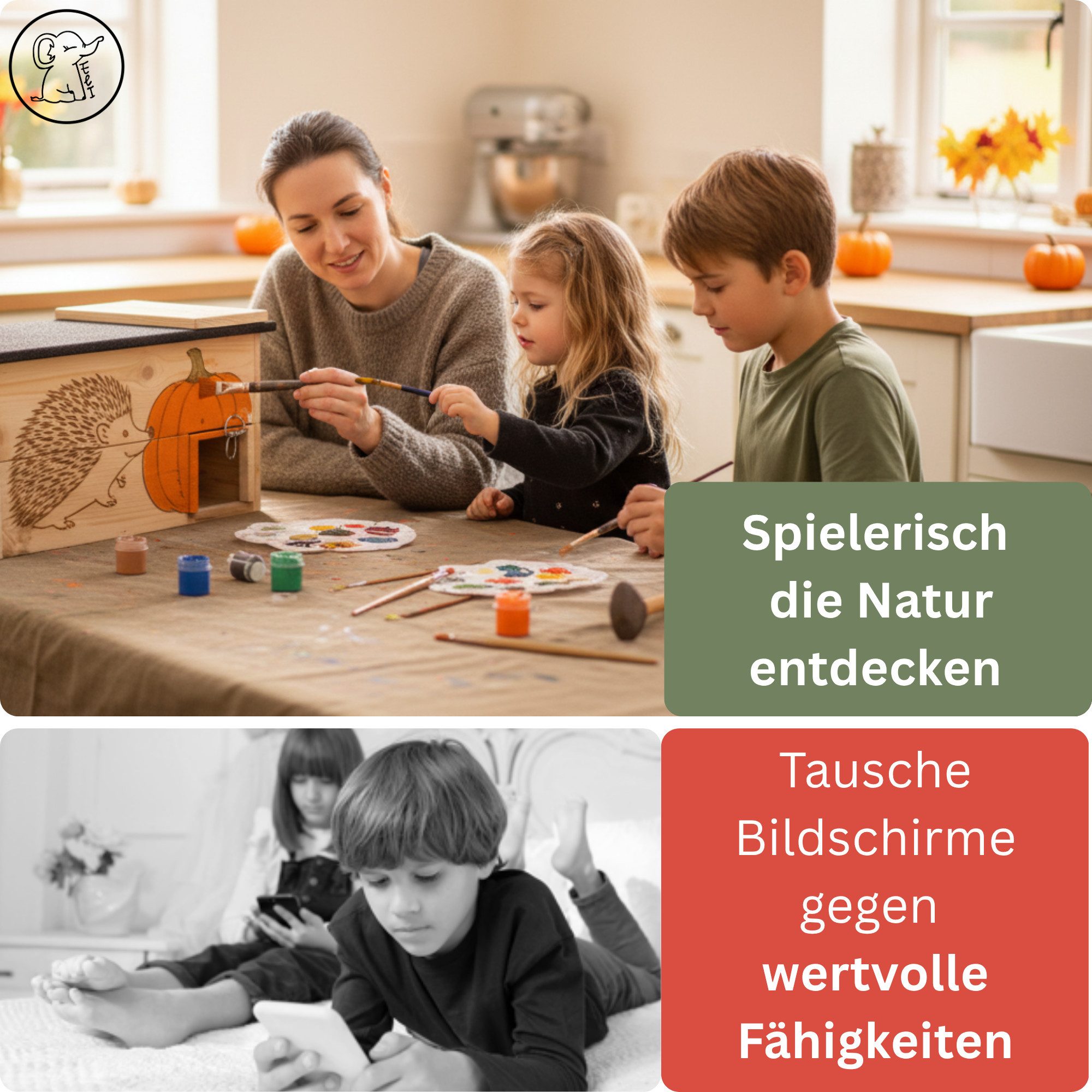 Eli Igelhaus Bausatz für Kinder zum bemalen inkl. Farben - Pinsel und Schablonen, Kiefernholz- Rattenklappe - Labyrintheingang - Sicherheitsverschluss