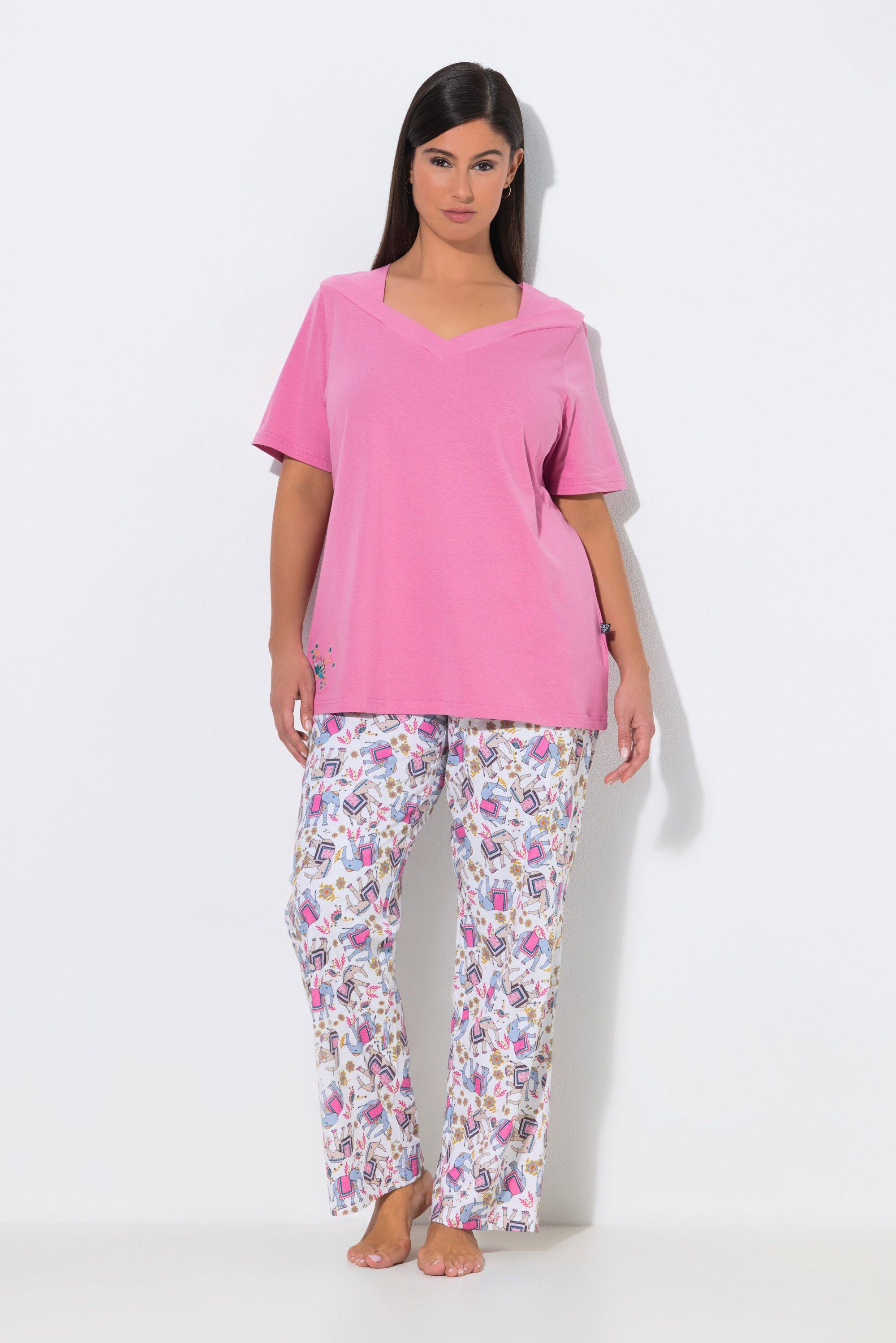 Ulla Popken Pyjama Pyjama Elefanten V-Ausschnitt Halbarm Taschen