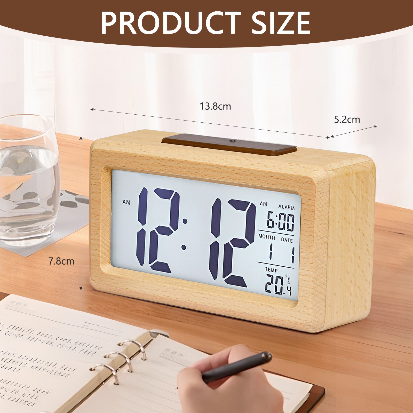 AIBISTAR Wecker Funkwecker mit Digitaler Temperatur Wecker,für Nachttisch,Holz Optik mit Lichtsensor und Schlummerfunktion großes Display große Zahlen