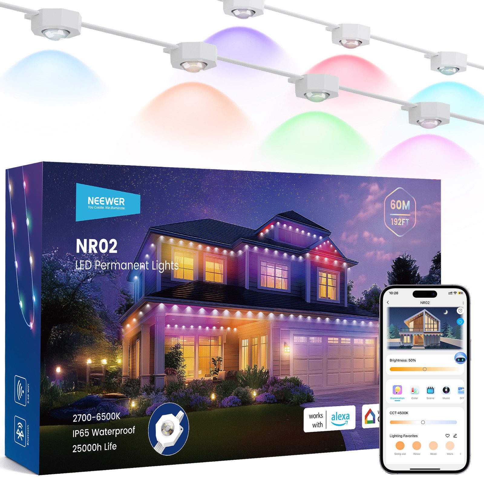 Neewer LED-Lichterkette NR02 15m/30m/45m/60m RGBCW Außenbeleuchtung für die Hausdekoration, intelligente AI App Steuerung, IP65 wasserdicht, mit Alexa