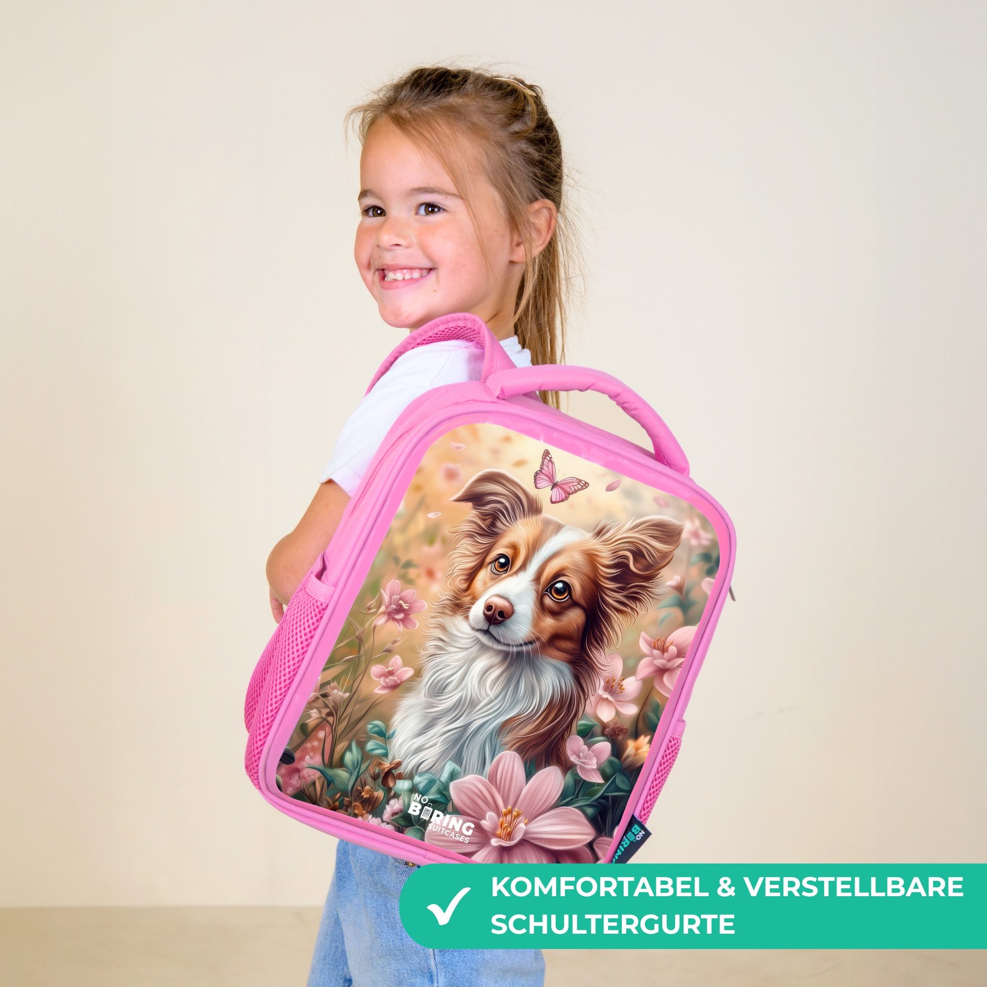 NoBoringSuitcases.com© Rucksack Rosa - Hund im Blumenfeld mit Schmetterlingen, Kinderrucksack, Schulrucksack, Freizeitrucksack, Mädchen, Kindergarten
