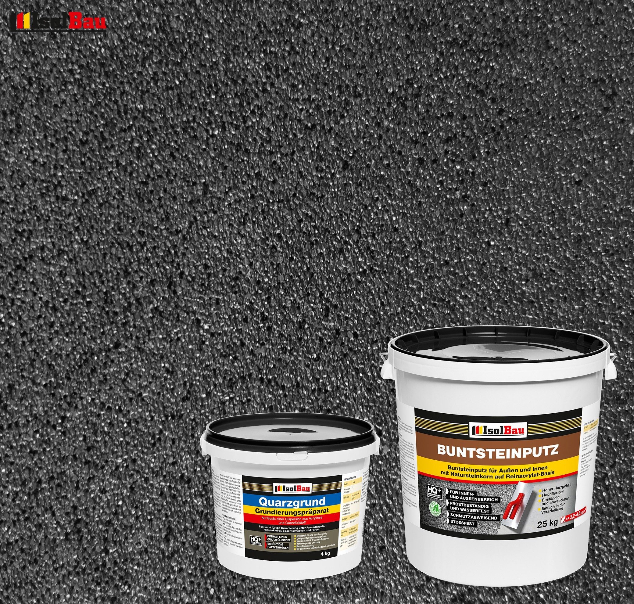 None Gipsputz Set Mosaikputz 25 kg Buntsteinputz BP100 Fertigputz + Quarzgrund 4 kg Körnung 1,8 mm; Trocknung 12–48h; Verbrauch 3,2–4,5 kg/m²