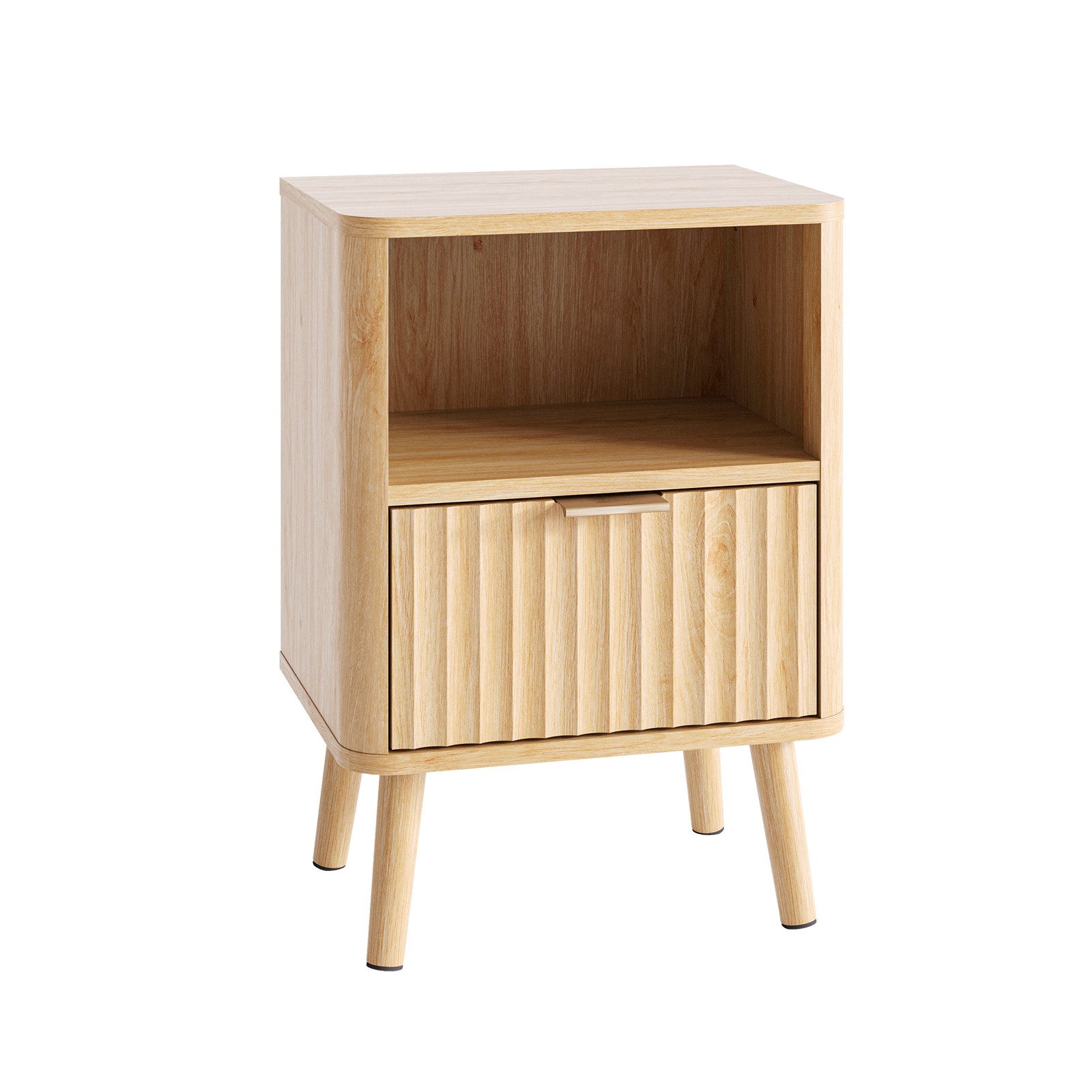 VINGLI Nachttisch mit 1 Schublade und 1 Ablage, geriffelt, 40x30x56 cm, Nachtschrank aus Holz, Beistelltisch, Natur/Grau