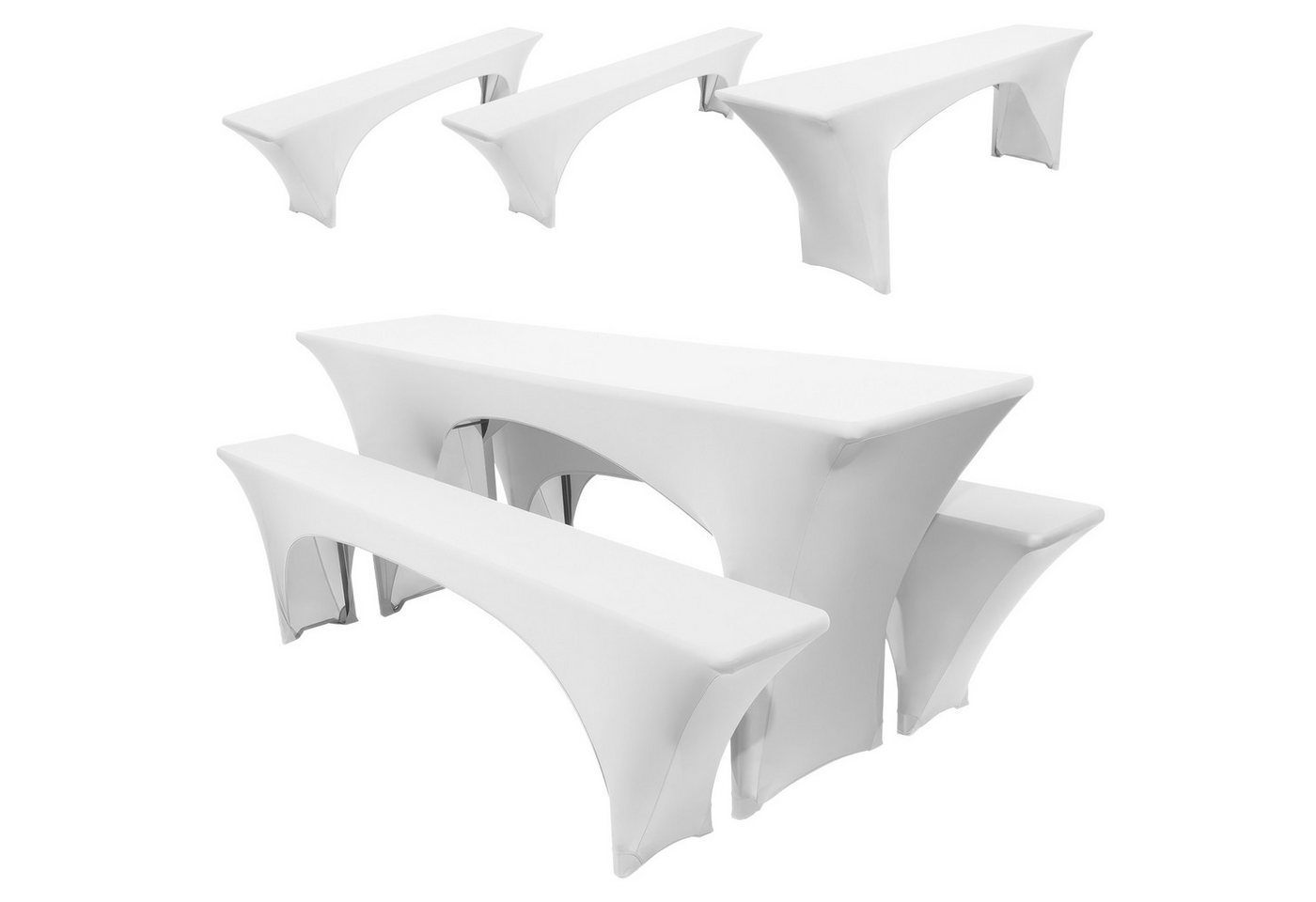 BlingBin Hussen-Set Biertischhussen Set 220x50cm Stretch Tischhusse mit 2 Bierbankhussen, Festzeltgarnitur Hussen, Stretch Hussen für Bierzeltgarnitur, Weiß