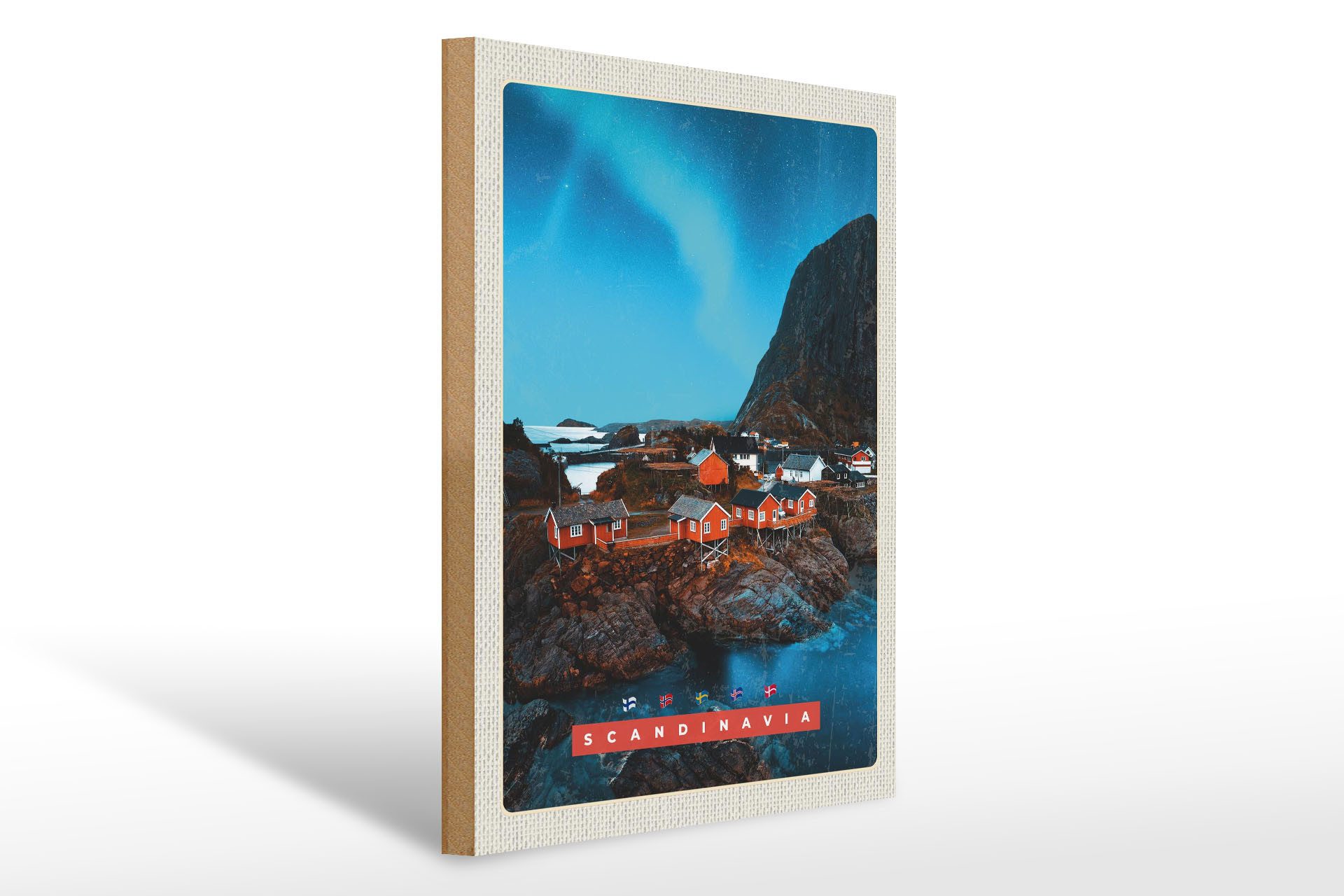 Holzbild Reise 30x40cm Skandinavien Urlaub Meer Gebirge