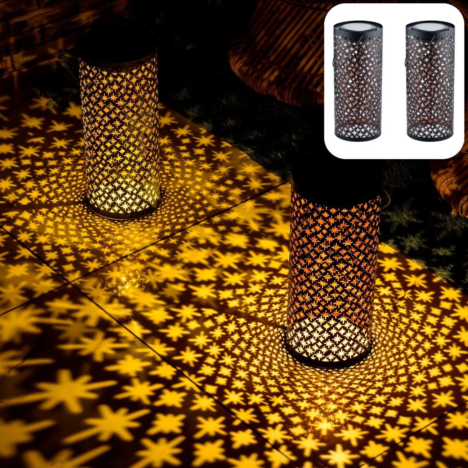 Marrakesch Orient & Mediterran Interior LED Solarleuchte 2er Set Vintage Solarlaterne Joran modern aus Metall in Schwarz 30 cm, LED fest integriert, Hängeleuchte
