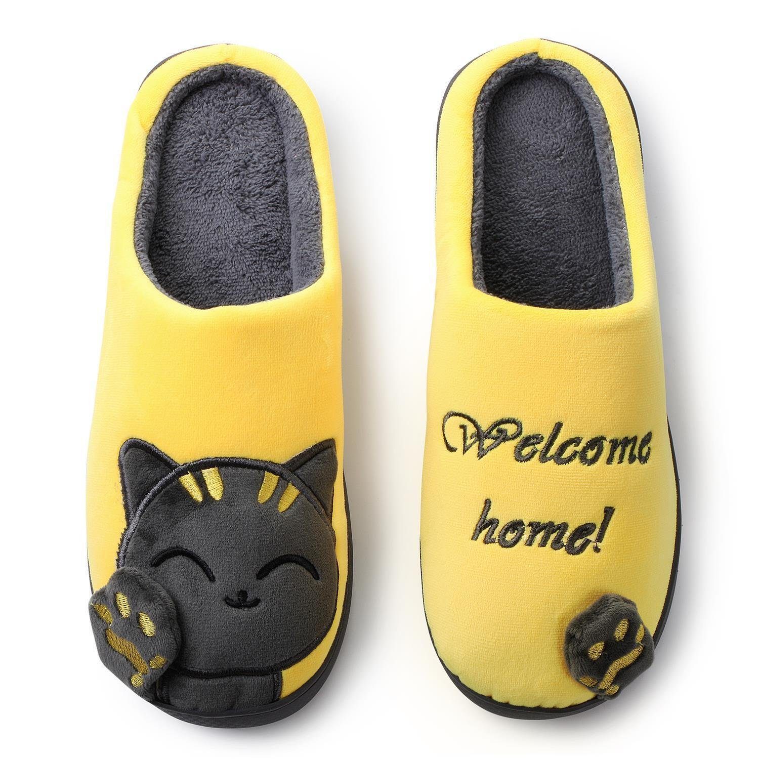 Katara Tier Pantoffeln Gr. 34-41 (Einhorn, Katze, Hase) Plüsch Hausschuhe Hausschuhe, weich, warm, süß, kuschelig, Plüsch Katze (Schwarz-Gelb)