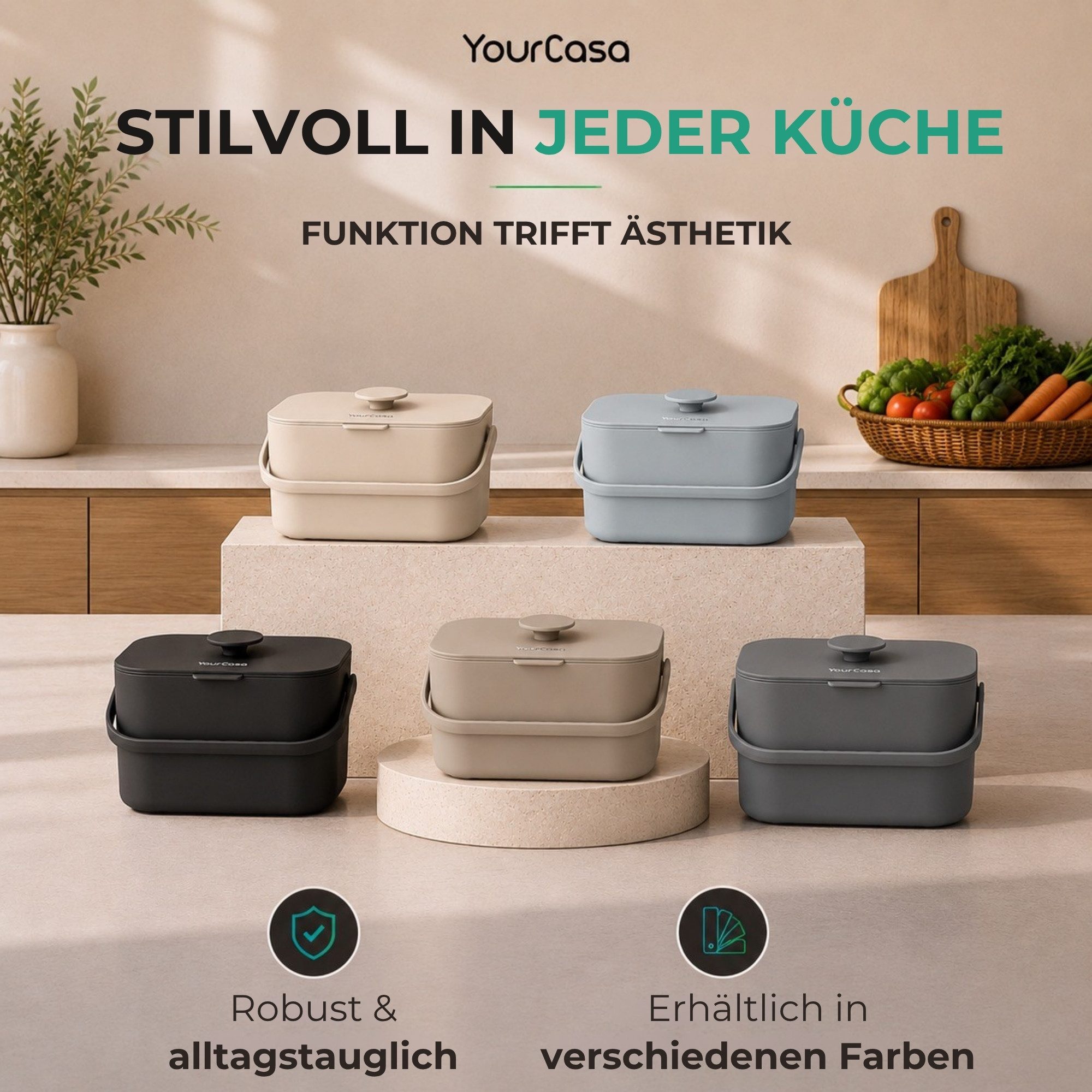 YourCasa Biomülleimer Küche 5L - Komposteimer Küche mit Sieb Spülmaschinenfest, Fassungsvermögen 5L, Spülmaschinenfest