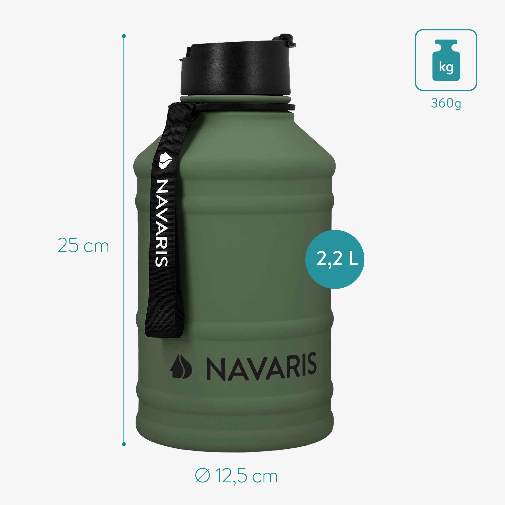 Bottle Navaris - Wasserflasche Jug Flasche Water Sport Gym XXL Dunkelgrün 2,2l Trinkflasche