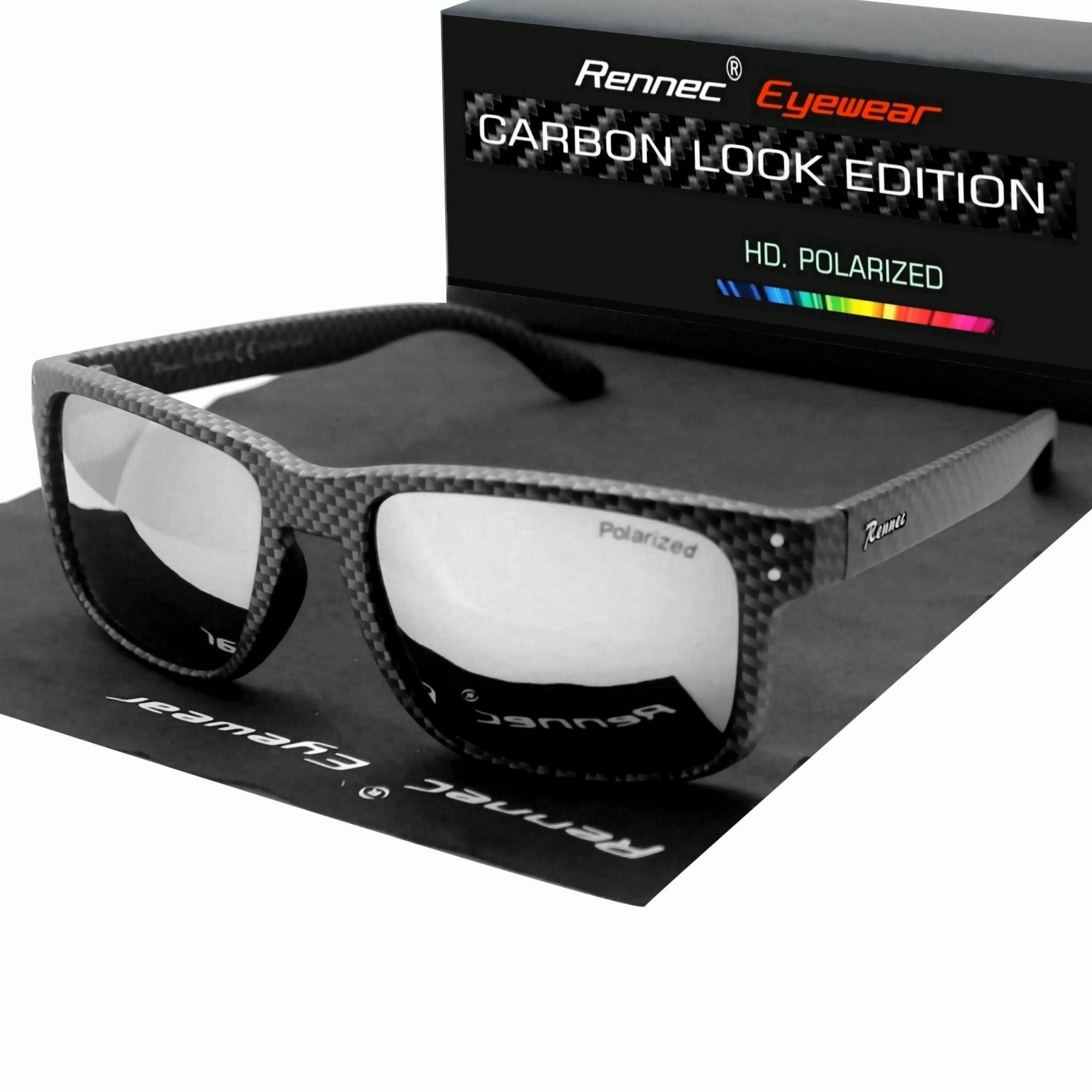 Rennec Sonnenbrille Herren Polarisiert Rechteckig Carbon Optik mit Hardcase Gläser UV400 Getönt oder Verspiegelt, Edelstahl Bügelgelenke 3in2 – Bild 2 von 5