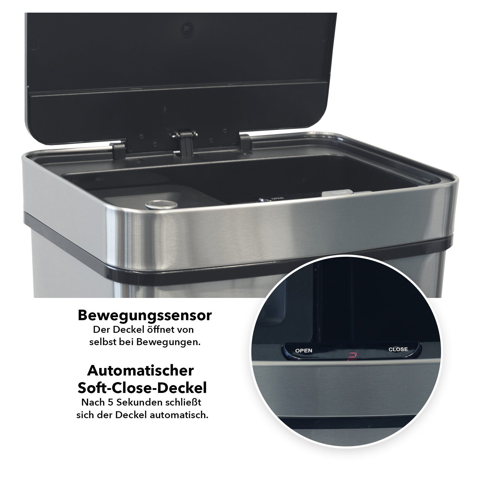 Karat Mülleimer Dirk, großer elektrischer Abfalleimer für die Küche mit Sensor, 4 Fächer Mülltrennsystem mit automatischem Deckel