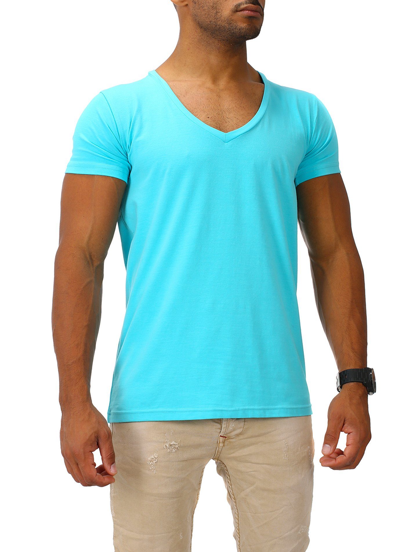 mit Joe T-Shirt Franks V-Ausschnitt turquoise tiefem