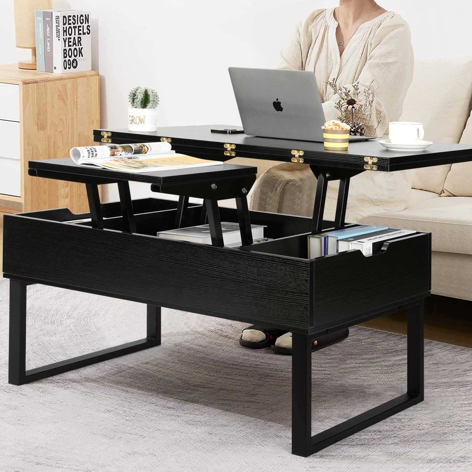 VOWNER Couchtisch Höhenverstellbarer, 3-in-1 Mehrzweck-Wohnzimmertisch, Schwarz