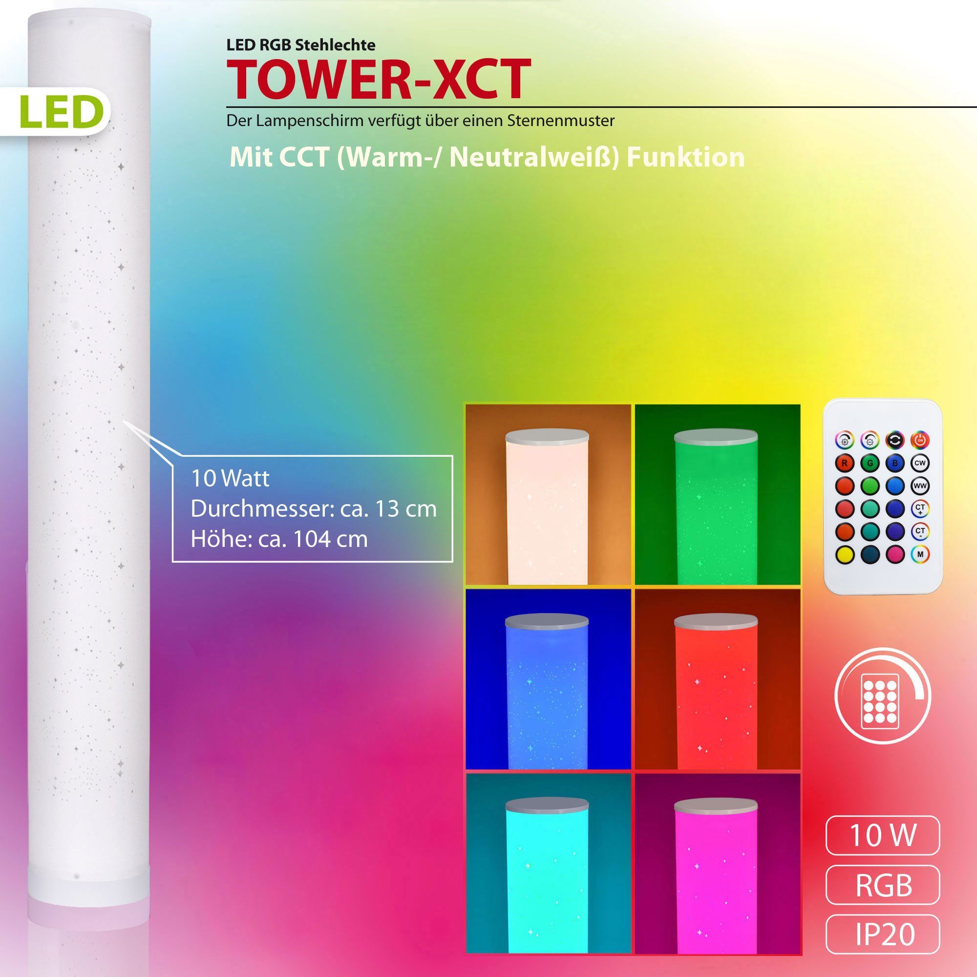 Maxkomfort LED Stehlampe Tower-XCT, LED fest integriert, Farbwechsler, RGB, Stehleuchte, Eckleuchte, Corner, RGB, Dimmbar, Music Sync, DIY, LED, Lichtsäule, Farbwechsel, Farbig, Fernbedienung