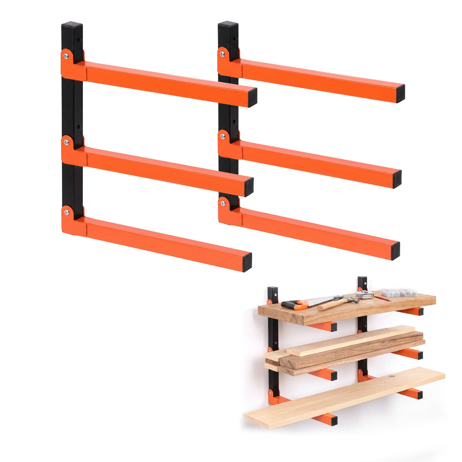 JOYOLEDER Schwerlastregal Kragarmregal Wandmontage – Holzlagerregal mit 3 Stufen, 150 kg Tragkraft – Schwerlast Wandregal, für Garage & Werkstatt, Orange