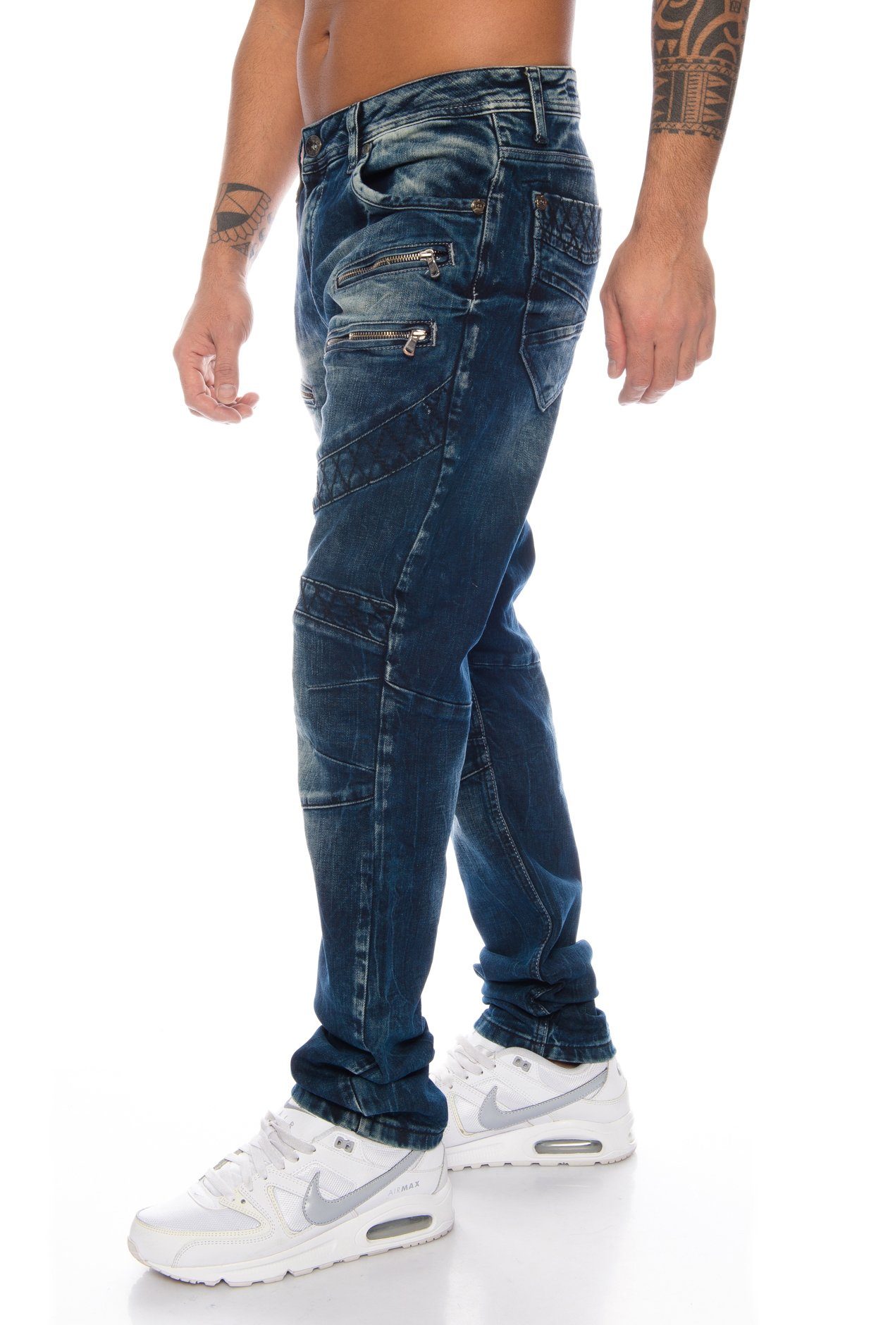 dicken mit Regular-fit-Jeans Vorderseite Baxx Nähten Nahtdesign Cipo Jeanshose der & mit Herren extravagantem Hose designt, Jeans auf Zierreißverschlüsse