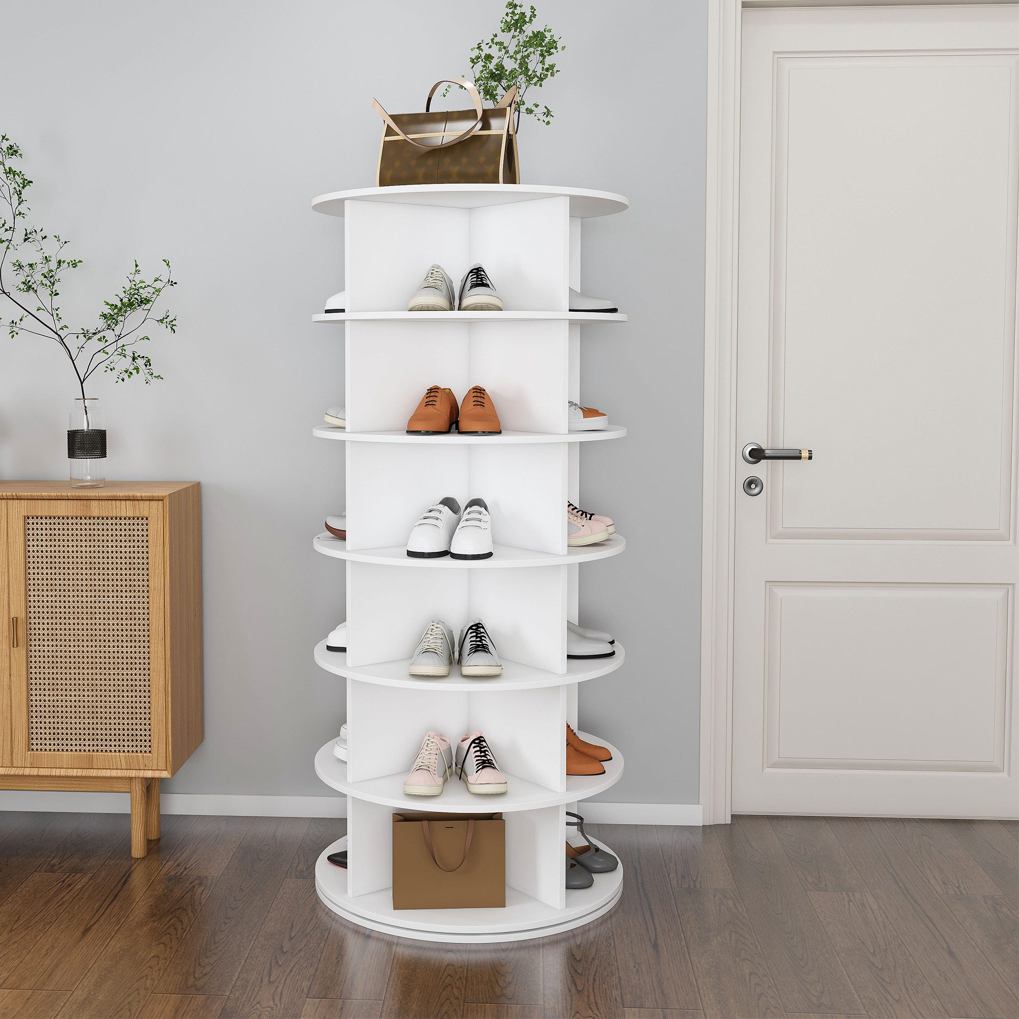 Rutaqian Schuhregal Schuhregal, 6-Etagen Drehschuhregal Tower 60×60×138.5cm 360° drehbar, Freistehendes Schuhregal für 24 Paar Schuhe, Platzsparend, weiß