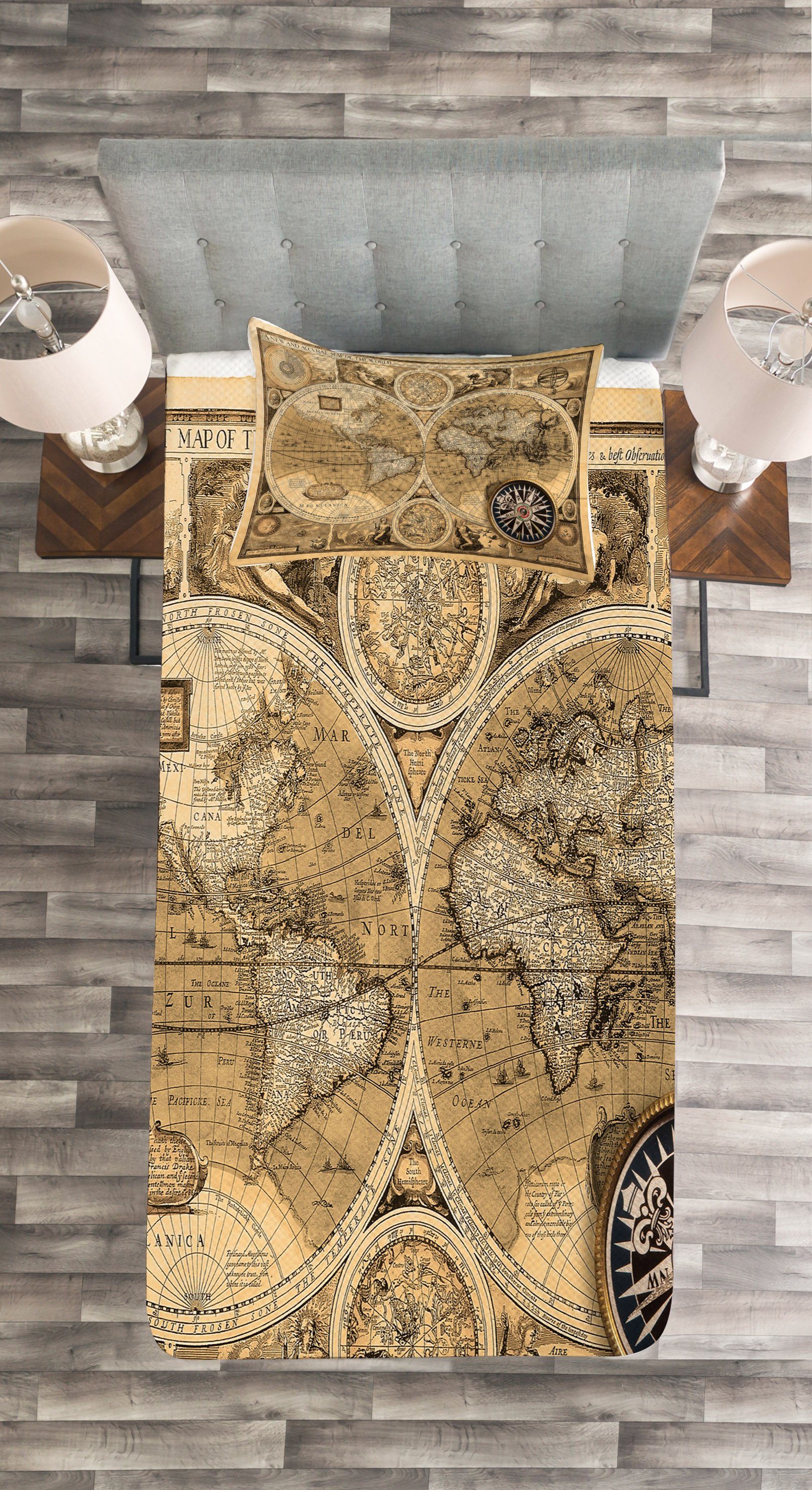 altertümlich Kissenbezügen Set genaue Eine Tagesdecke Waschbar, Karte Abakuhaus, Welt der mit