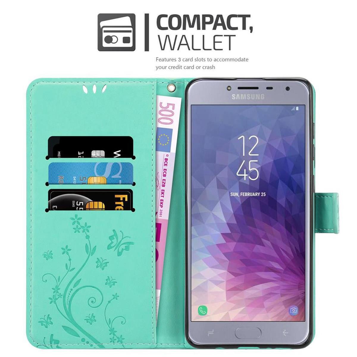 Cadorabo Handyhülle für Samsung Galaxy J4 2018 Hülle Samsung Galaxy J4 2018, Hülle Schutzhülle Blumen Flower mit Standfunktion Kartenfach Magnet