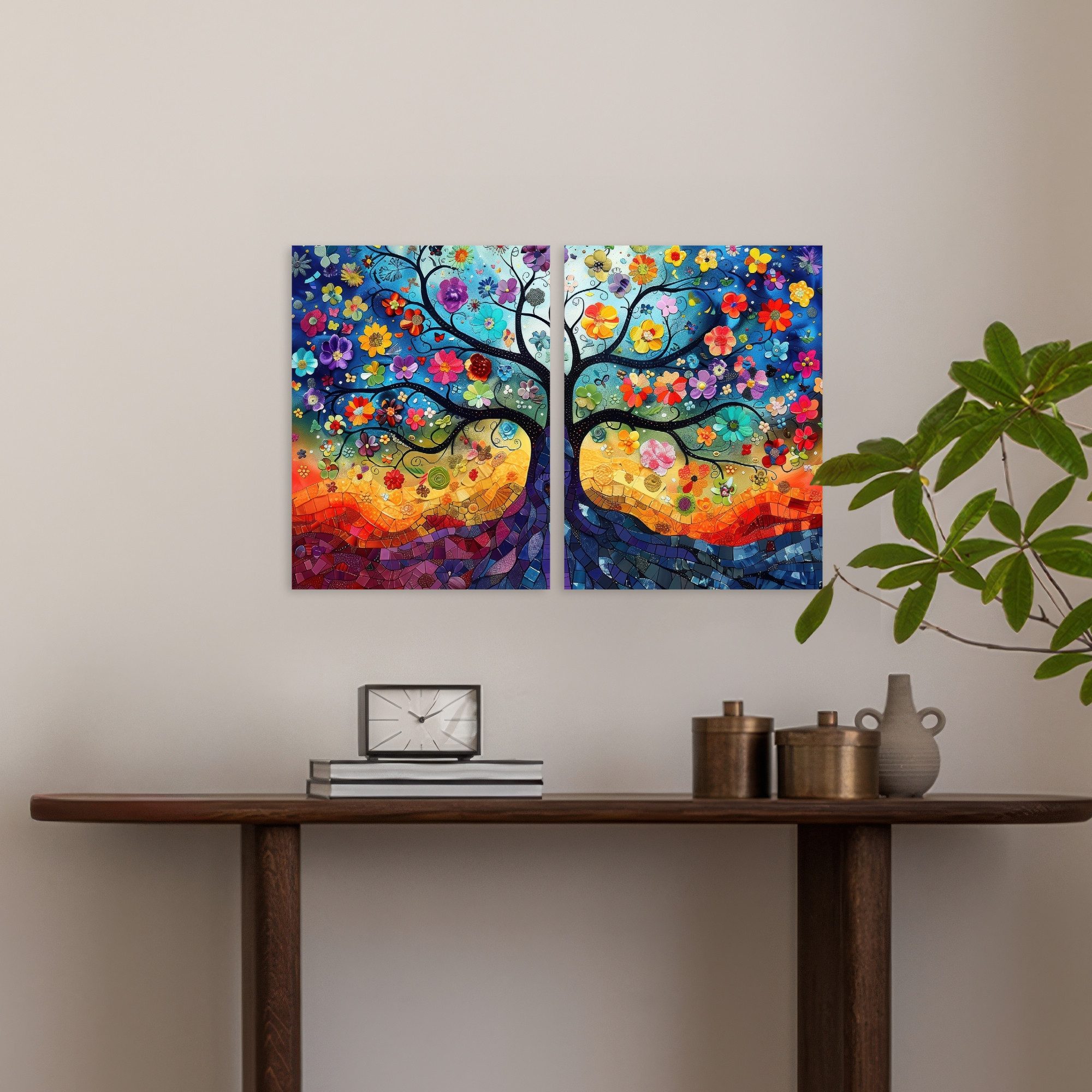 MuchoWow Leinwandbild Bunt - Baum des Lebens - Blumen - Abstrakt, Fotodruck (2 St), Wand Bilder 2 Set, Deko Schlafzimmer Wohnzimmer Flur 60x40 cm