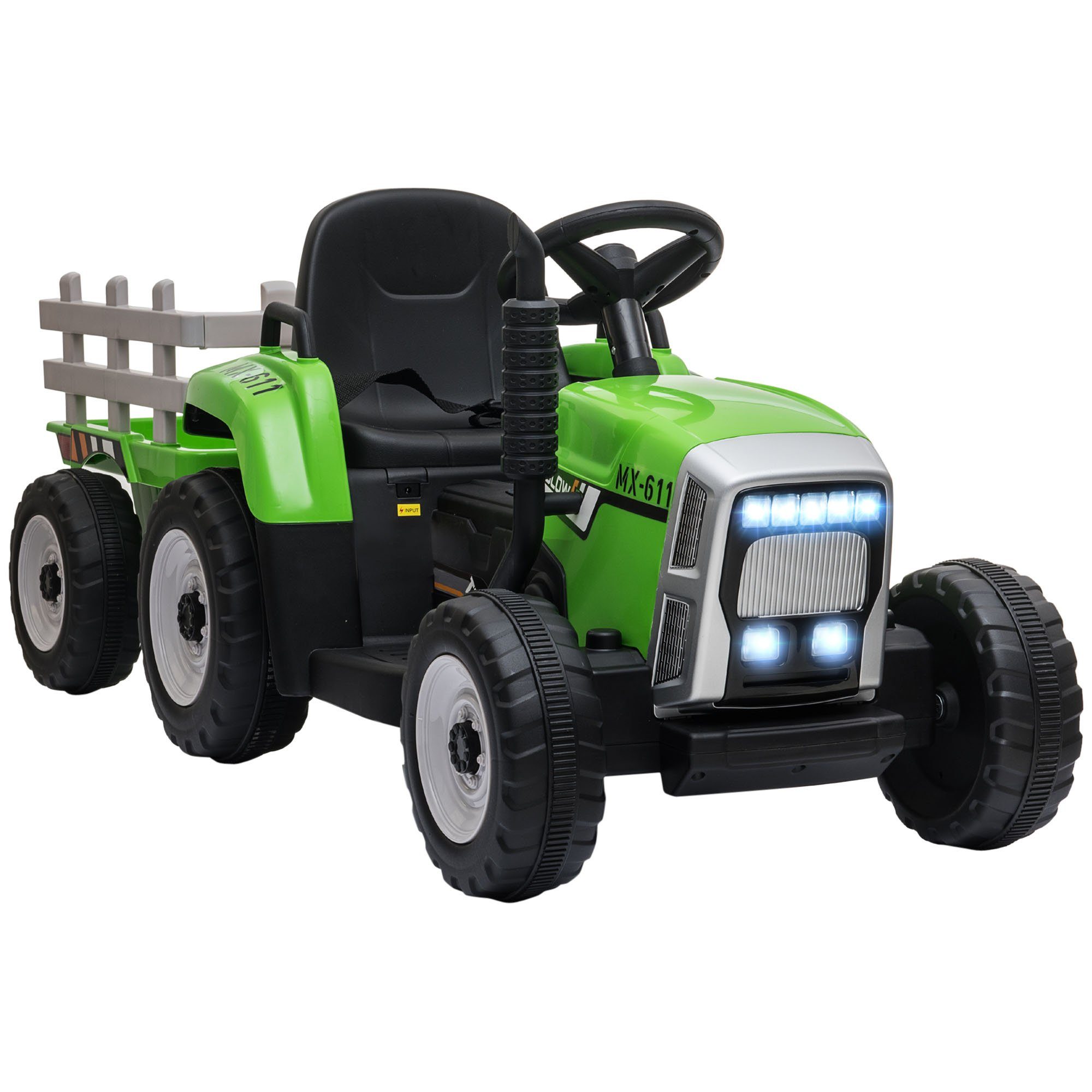 HOMCOM Elektro-Kinderauto Elektrischer Traktor mit Anhänger Elektroauto mit Fernbedienung, Grün, Belastbarkeit 30 kg, (2-tlg), 136.5L x 50B x 52.5H cm