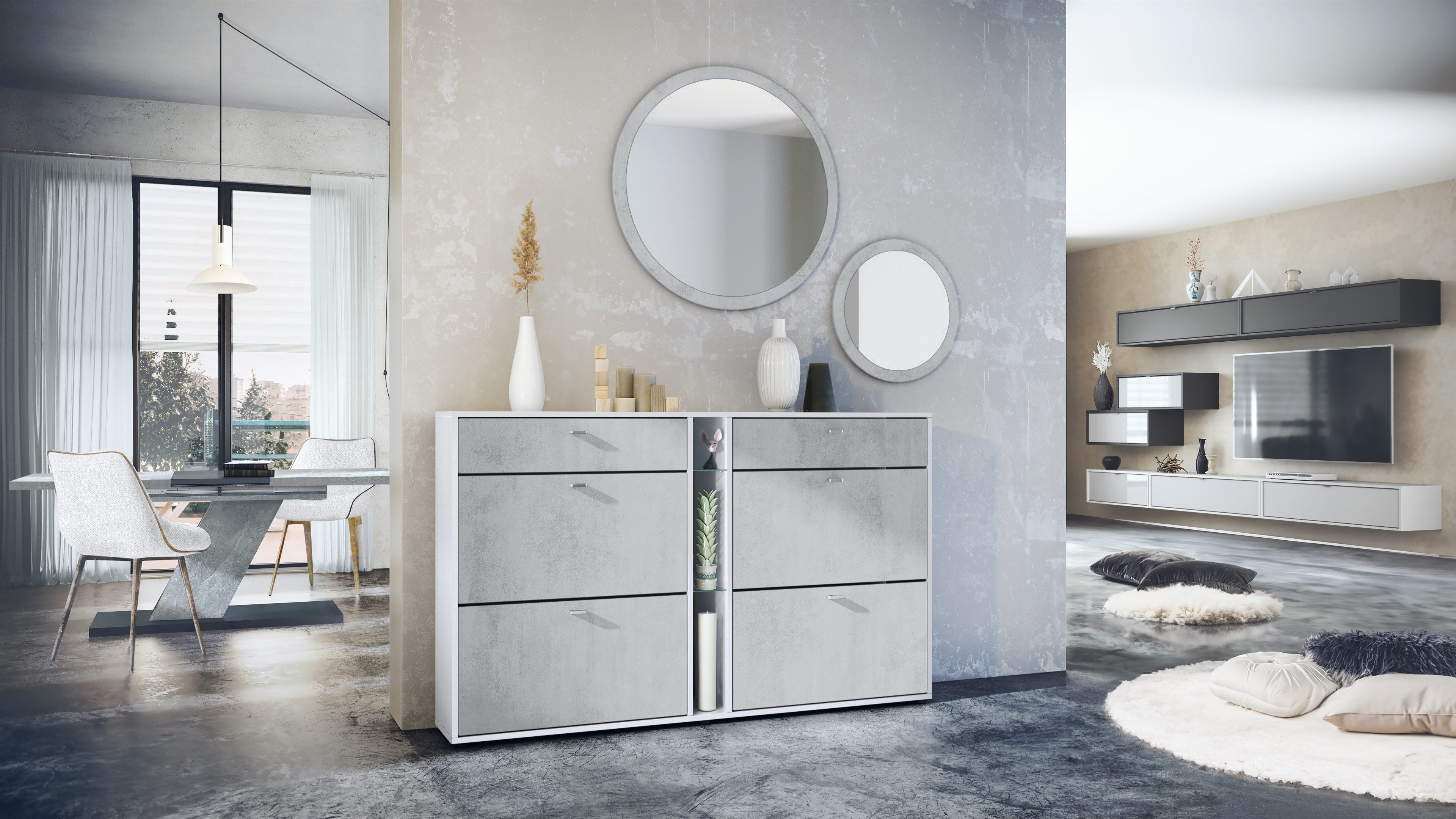 Vladon Garderoben-Set Florence, (Garderoben-Set, mit Schuhschrank und 2 Wandspiegel), Weiß matt/Beton Oxid Optik