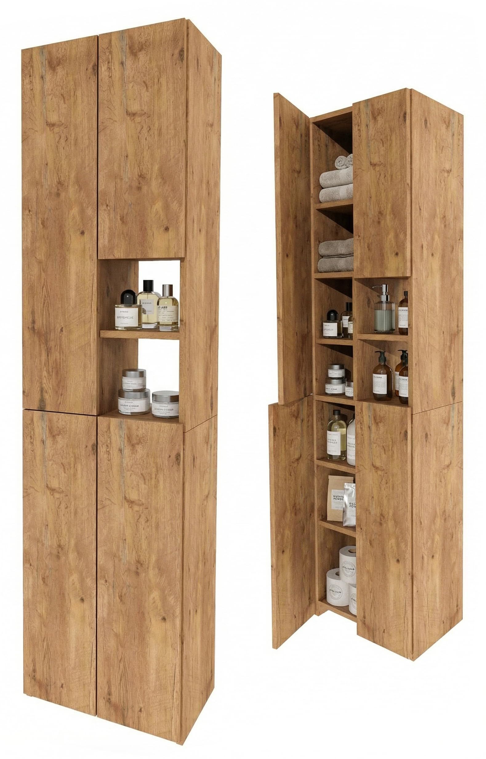 TREND WERK Hochschrank Badschrank schmal stehend B45 x T26,5 x H180 cm (Schmaler Badezimmerschrank mit Regalfächern & Stauraum) Holzoptik, offene & geschlossene Fächer, Standregal Bad, platzsparend
