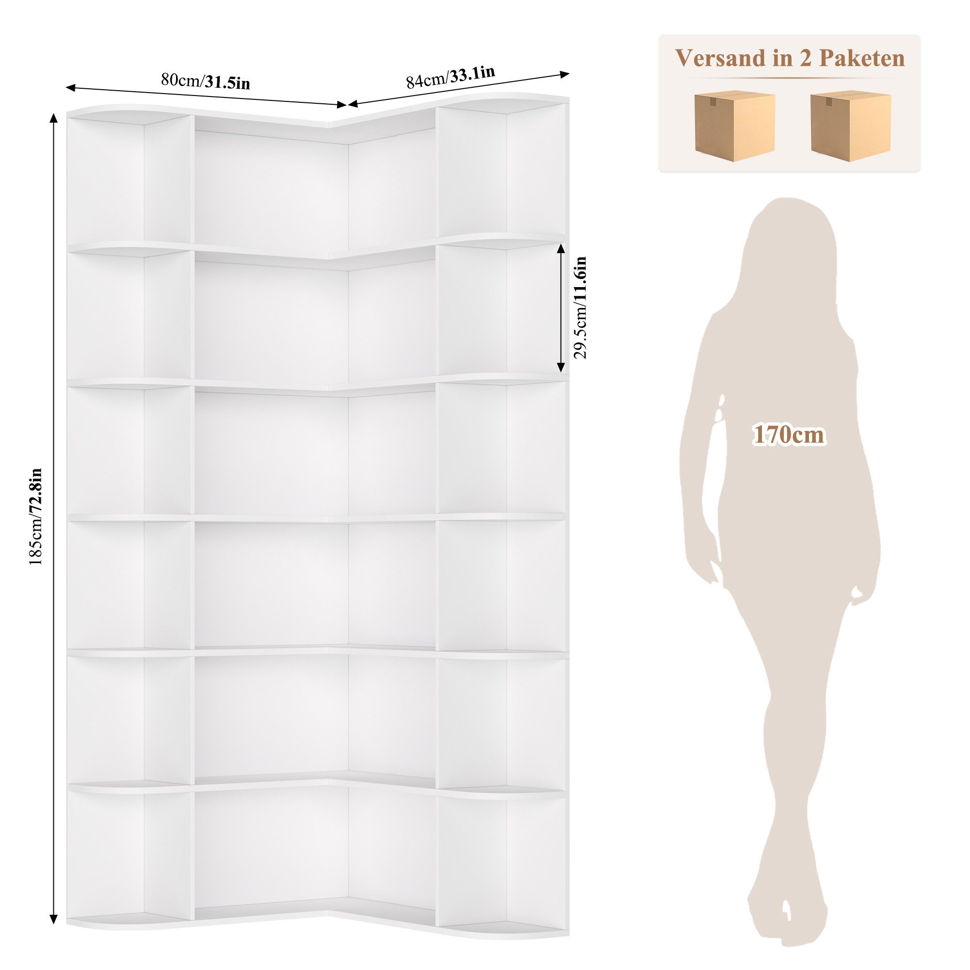 Homfa Bücherregal 185 cm Eckregal Bücherschrank Eckbücherregal, Standregal L-förmiger Eckschrank 80 x 84 x 185 cm, weiß
